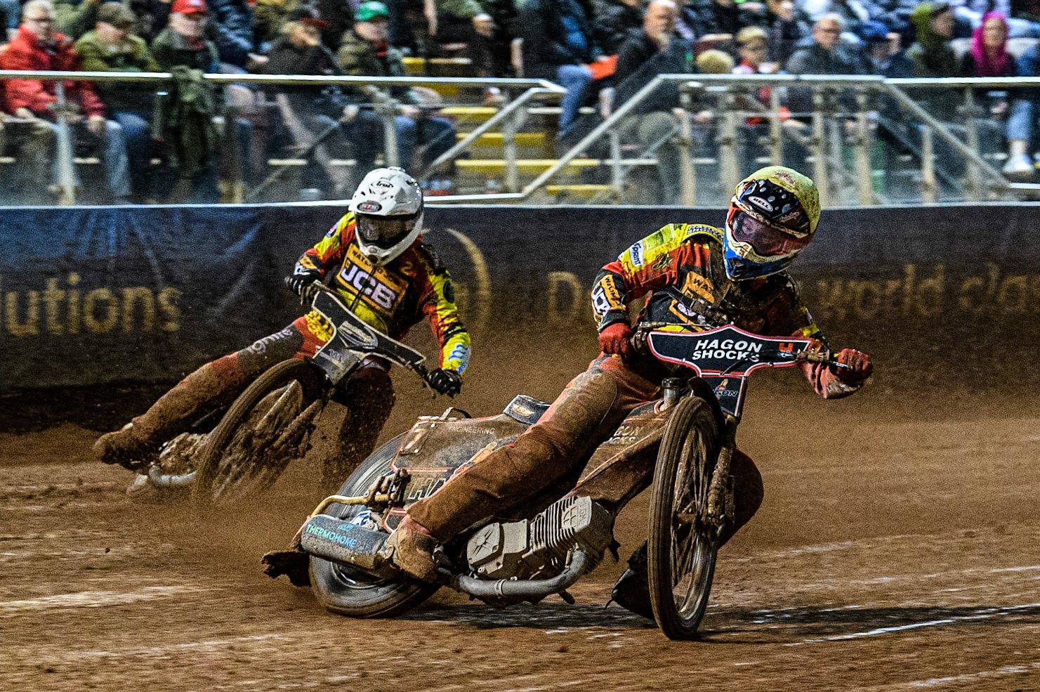 Leicester Lions' Sam Hagon  in Yellow leading Leicester Lions' Richard Lawson  in White during the Rowe Motor Oil Premiership Grand Final 1st Leg between Belle Vue Aces and Leicester Lions at the National Speedway Stadium, Manchester on Monday 23rd September 2024. (Photo: Ian Charles | MI News)