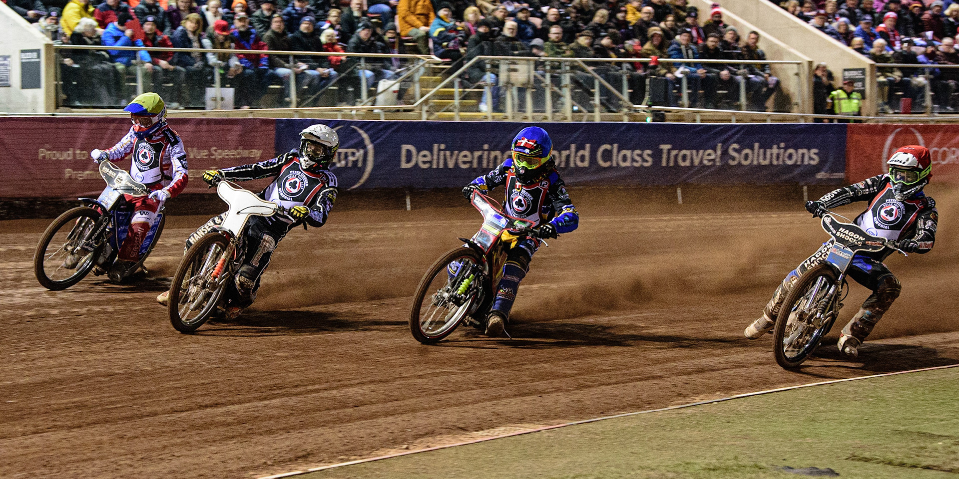 MANCHESTER, UK. MAR 21ST. (l-r) Tobiasz Musielak (Yellow), Niels-Kristian Iversen (White), Michael Palm-Toft (Blue) and Jason Doyle (Red) during the ATPI Peter Craven Memorial Trophy at the National Speedway Stadium, Manchester on Monday 21st March 2022. (Credit: Ian Charles | MI News)