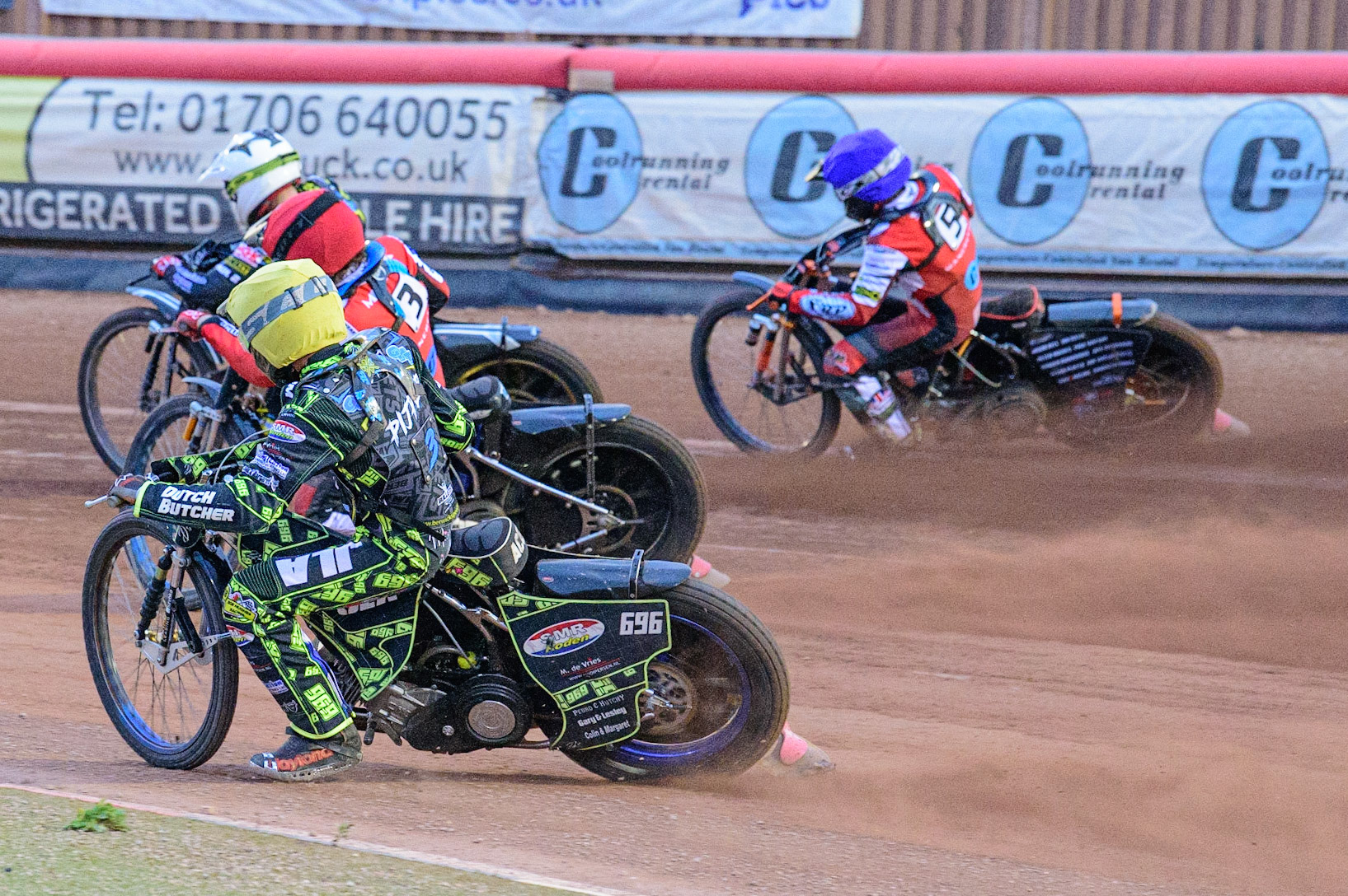 MANCHESTER, UK. JUN 24TH  Ace Pijper  (Yellow) chases Harry McGurk  (Red) Jack Smith  (Blue) and Kyle Bickley  (White) during the National Development League match between Belle Vue Colts and Berwick Bullets at the National Speedway Stadium, Manchester on Friday 24th June 2022. (Credit: Ian Charles | MI News)