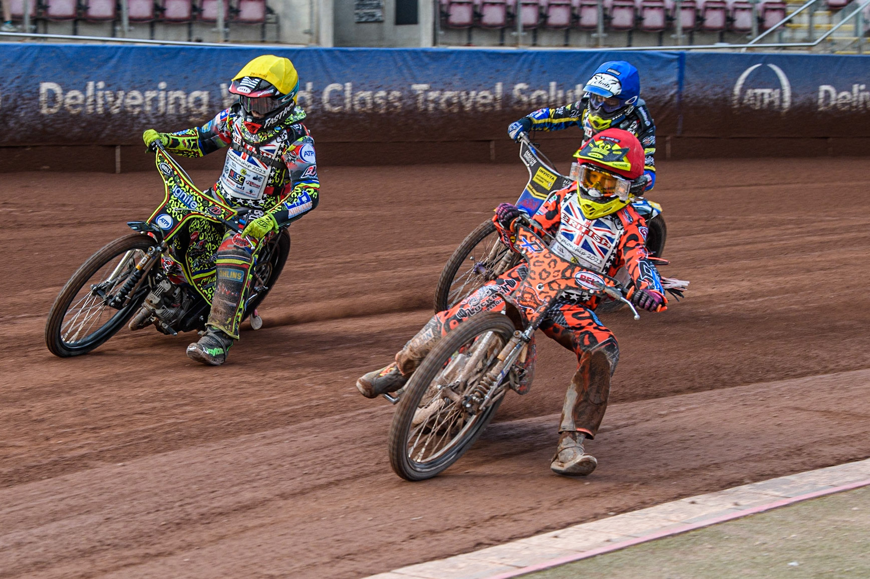 Cooper Rushen (Red) inside William Cairns (Yellow) with Jamie Etherington  behind  during the British Youth Speedway Championships at the National Speedway Stadium, Manchester on Friday 21st July 2023. (Photo: Ian Charles | MI News)