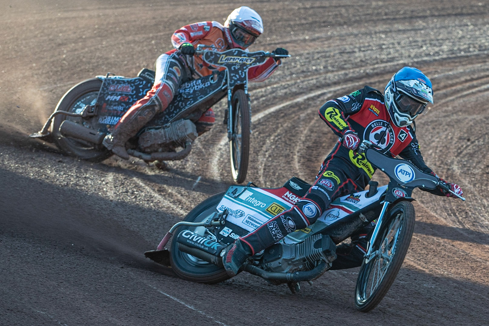 Photo: Ian Charles

Steve Worrall  (Blue) leads Dawid Lampard  (White)

Belle Vue Aces v Swindon Robins, British Speedway Premiership, Belle Vue National Speedway Stadium, Manchester, Monday 20  May  2019