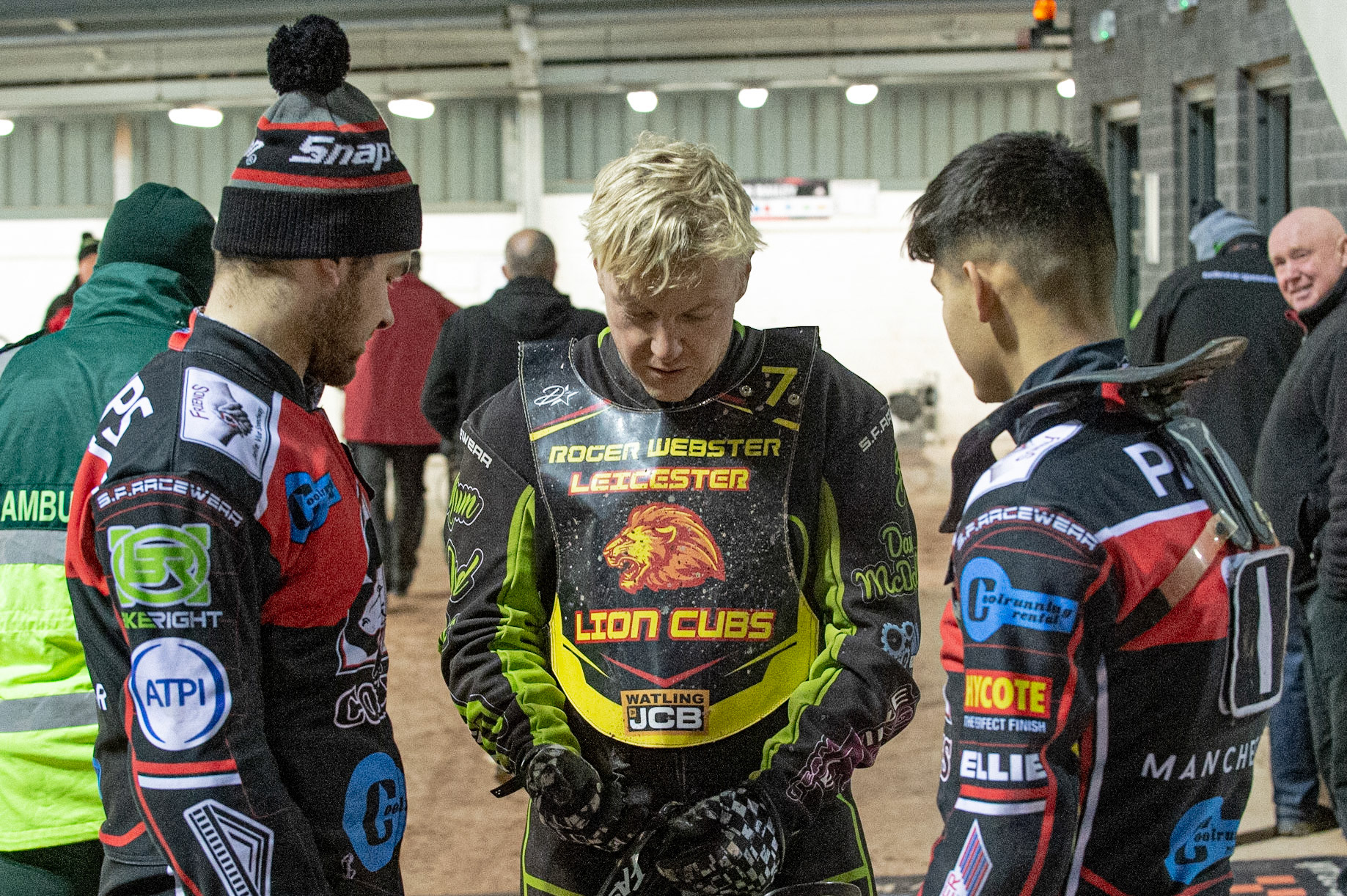 Photo: Ian Charles

Danny Phillips  (left) and Jordan Palin  (right) chat with Ryan Terry-Daley 

Belle Vue Colts v Leicester Lion Cubs, SGB National League KO Cup Final (2nd Leg), Belle Vue National Speedway Stadium, Manchester, Tuesday 29  October  2019
