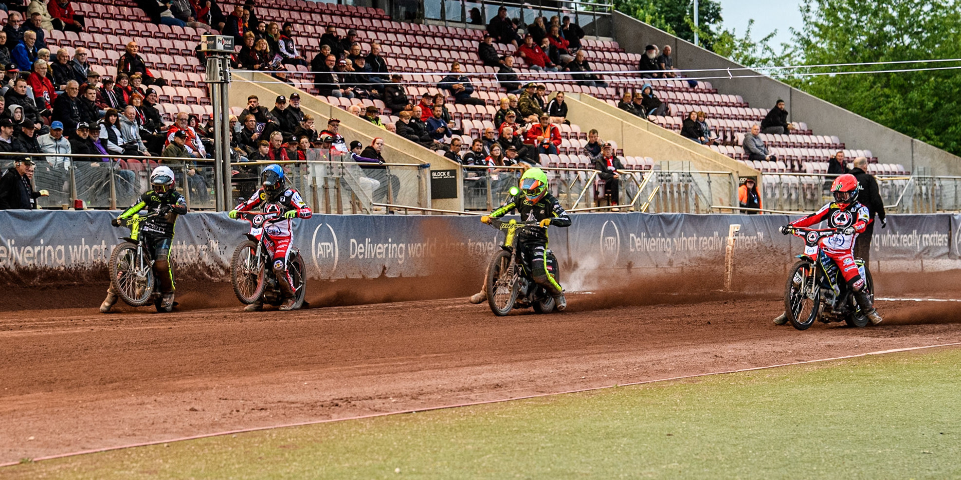 Heat 12 start: (L to R) Ipswich Witches' Danny King in White, Belle Vue Aces' Connor Bailey in Blue, Ipswich Witches' Keynan Rew in Yellow’ and Belle Vue Aces' Jaimon Lidsey in Red during the Rowe Motor Oil Premiership match between Belle Vue Aces and Ipswich Witches at the National Speedway Stadium, Manchester on Monday 1st July 2024. (Photo: Ian Charles | MI News)