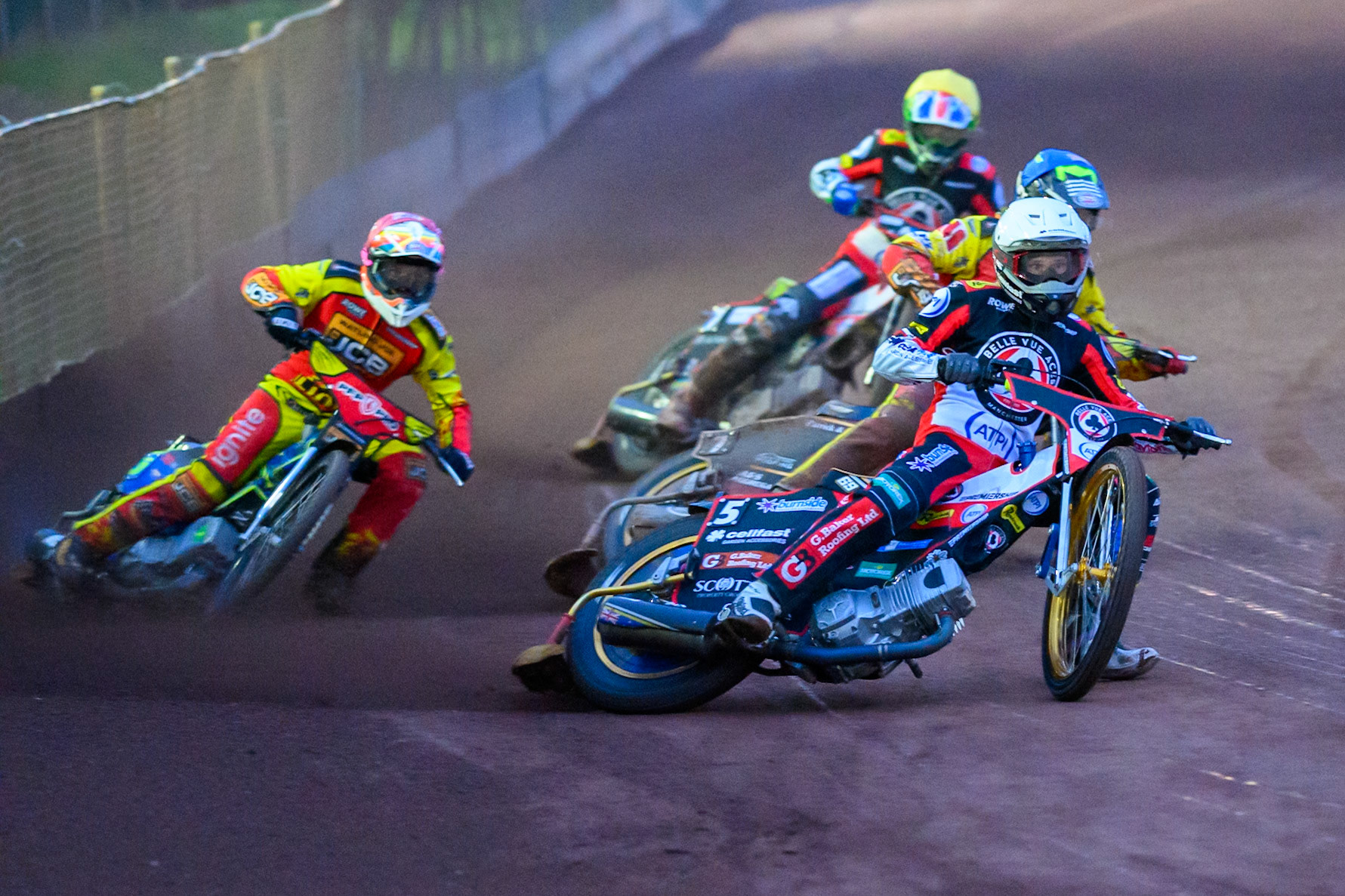 Jason Doyle of Belle Vue Aces  in White leading Nick Morris of Leicester Lions in Red, Joe Thompson of Leicester Lions in Blue and Will Cairns of Belle Vue Aces  in Yellow  during the Rowe Motor Oil Premiership match between Leicester Lions and Belle Vue Aces at the Hydroscan Arena, Leicester on Monday 7th September 2026. (Photo: Ian Charles | MI News)