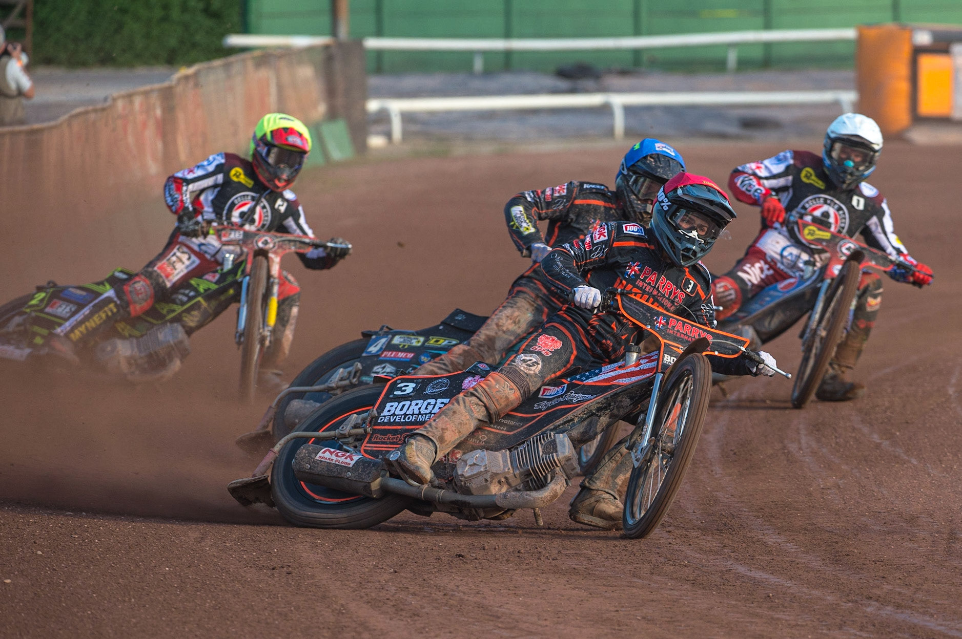 WOLVERHAMPTON, UK. JUN 20TH Luke Bekker  (Red) and Ryan Douglas (Blue) lead Jye Etheridge  (Yellow) and Matej Zagar   (White) during the SGB Premiership match between Wolverhampton Wolves and Belle Vue Aces at Monmore Green Stadium, Wolverhampton on Monday 20th June 2022. (Credit: Ian Charles | MI News)