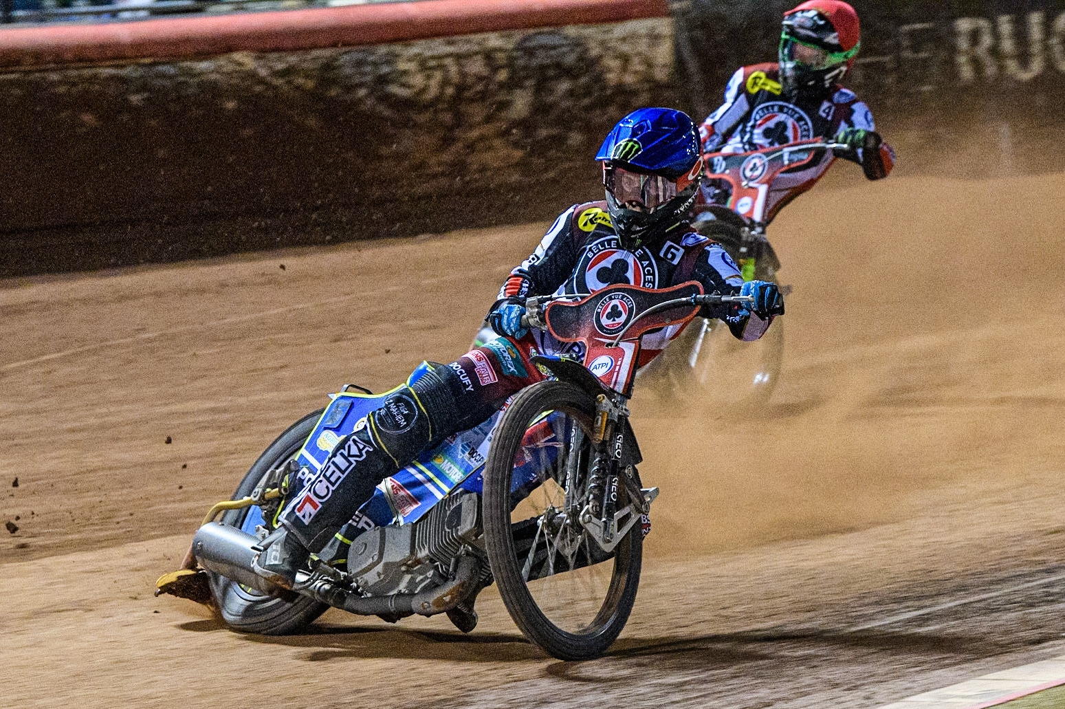 Jaimon Lidsey  (Blue) leads team mate Charles Wright  (Red) during the SGB Premiership match between Belle Vue Aces and Peterborough at the National Speedway Stadium, Manchester on Monday 24th April 2023. (Photo: Ian Charles | MI News)