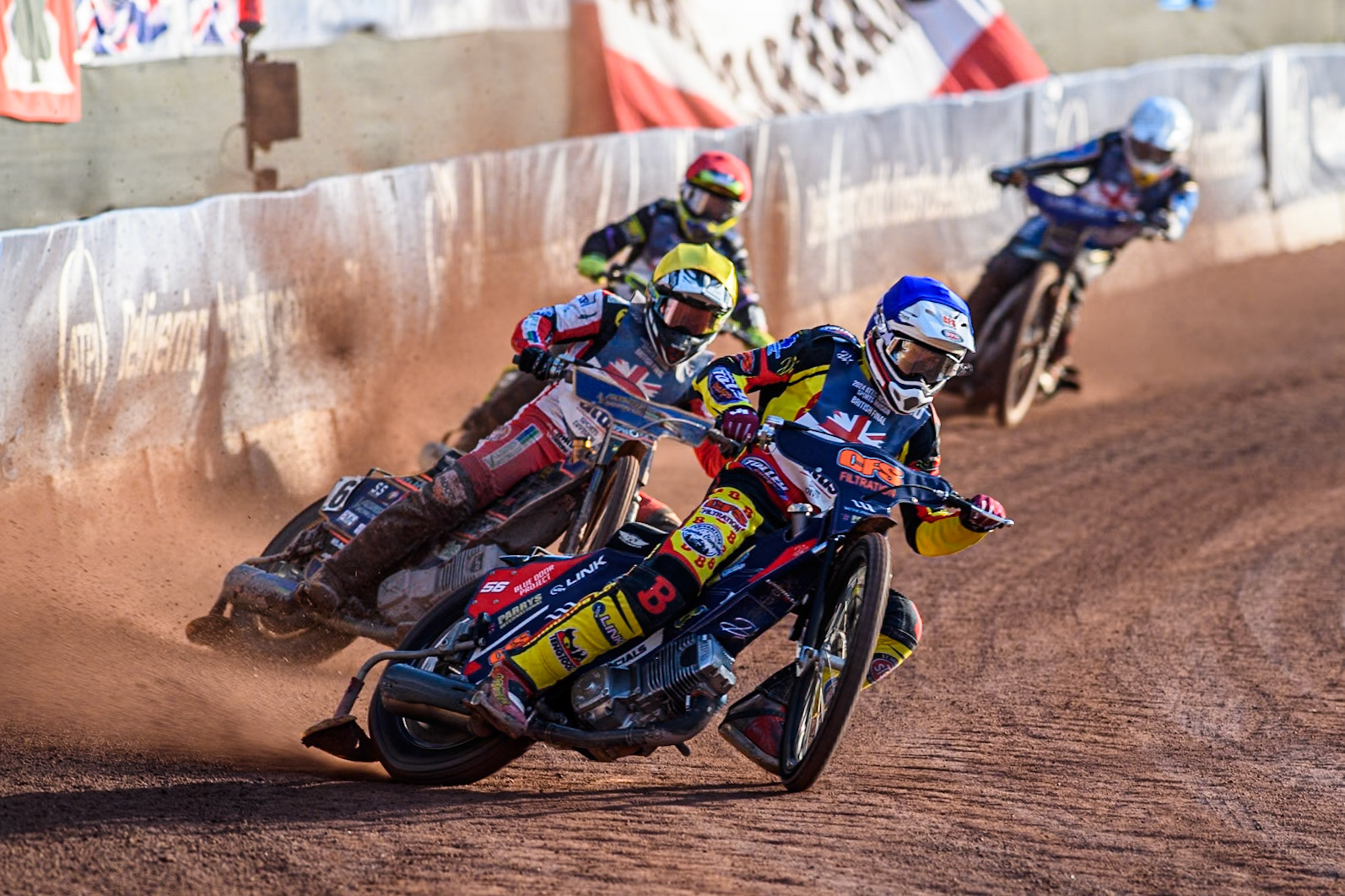 Steve Worrall in Blue leading Connor Mountain in Yellow, Charles Wright in Red and Robert Lambert in White during the Attis Insurance Sports Division British Speedway Championship Final at the National Speedway Stadium, Manchester on Saturday 8th June 2024. (Photo: Ian Charles | MI News)