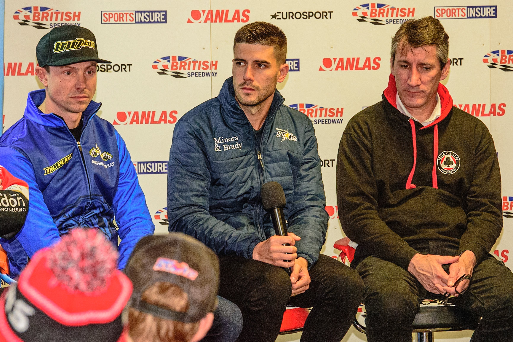 MANCHESTER, UK. APRIL 12TH: (l-r) Simon Stead, manager of Sheffield Tigers, Alex Brady, Manager of Kings Lynn Stars) and Mark Lemon (Manager of Belle Vue Aces) at the Discovery Networks Eurosport Speedway Season Launch at the National Speedway Stadium, Manchester on Tuesday 12th April 2022 (Credit: Ian Charles | MI News)