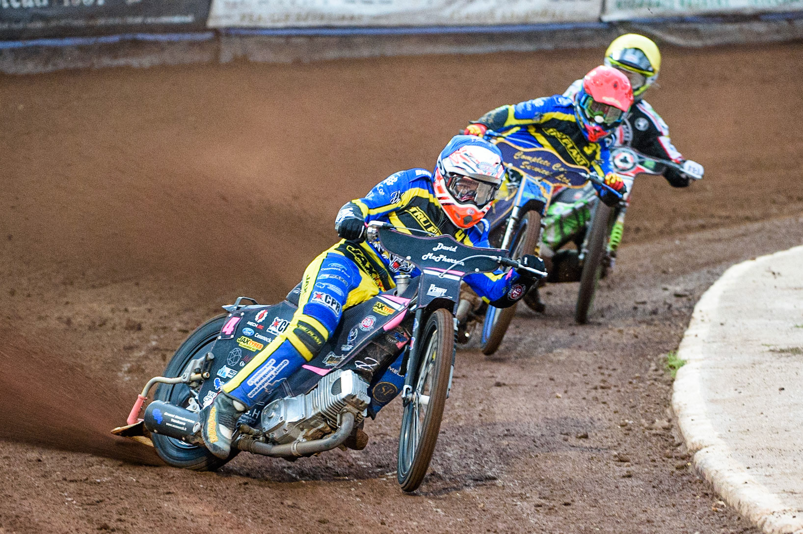 SHEFFIELD, UK. AUG 2NDJosh Pickering   (Blue) leads Kyle Howarth (Red) and Charles Wright  (Yellow) during the SGB Premiership match between Sheffield Tigers and Belle Vue Aces at Owlerton Stadium, Sheffield on Thursday 2nd September 2021. (Credit: Ian Charles | MI News)
