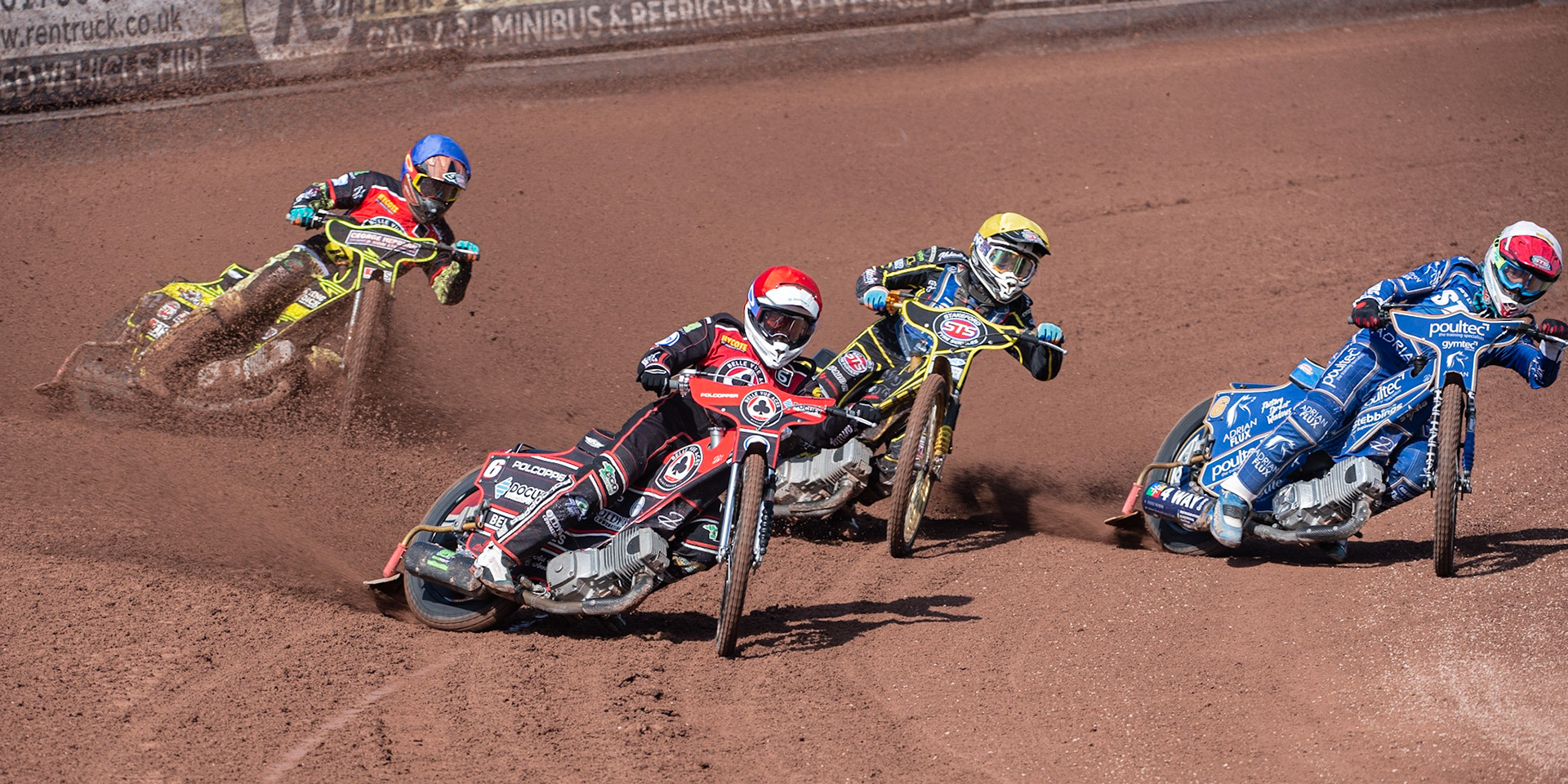 Photo: Ian Charles

Belle Vue Aces  Jaimon Lidsey  (Red) leads Lewis Kerr (White), Tero Aarnio  (Yellow) and Jye Etheridge  (Blue)

Belle Vue Aces v Kings Lynn Stars, British Speedway Premiership, Belle Vue National Speedway Stadium, Manchester, Monday 26  August  2019