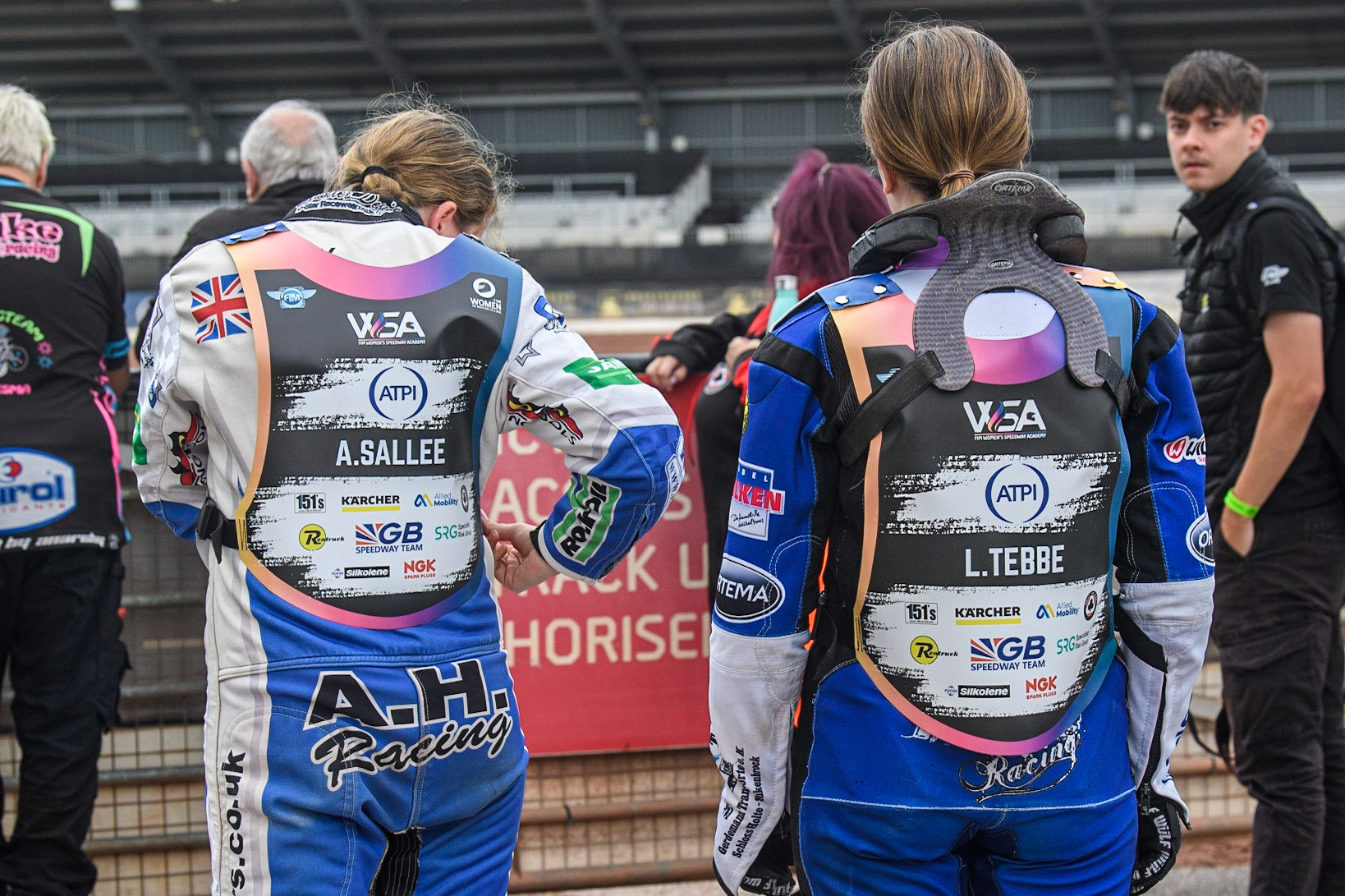 Anastasia Sallee (left) and Lenja Tebbe make their way out onto the track  during the FIM Women's  Speedway Academy at the National Speedway Stadium, Manchester on Friday 4th August 2023. (Photo: Ian Charles | MI News)