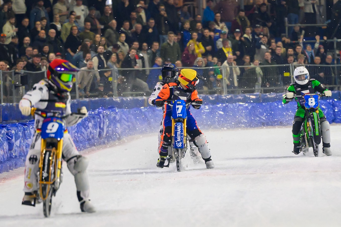 Lukáš Hutla (7) of Czechia  in Yellow looks for his team mate as Christoph Kirchner (10) of Germany in Blue beats Andrej Diviš (8) of Czechia  in White to third place to give the Germans the Bronze Medal during the FIM Ice Speedway Of Nations at Ice Rink Thialf, Heerenveen on Sunday 12th April 2026. (Photo: Ian Charles | MI News)