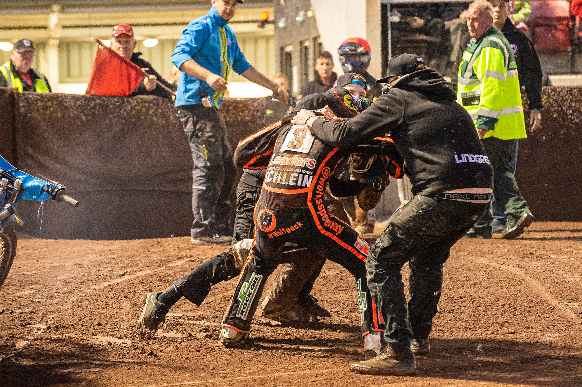 Photo by Ian Charles:

A scuffle breaks out between Rory Schlein  and Steve Worrall  after heat 10 

Belle Vue Aces v Wolverhampton Wolves, SGB Premiership, National Speedway Stadium, Manchester, Monday, 19, August, 2019
