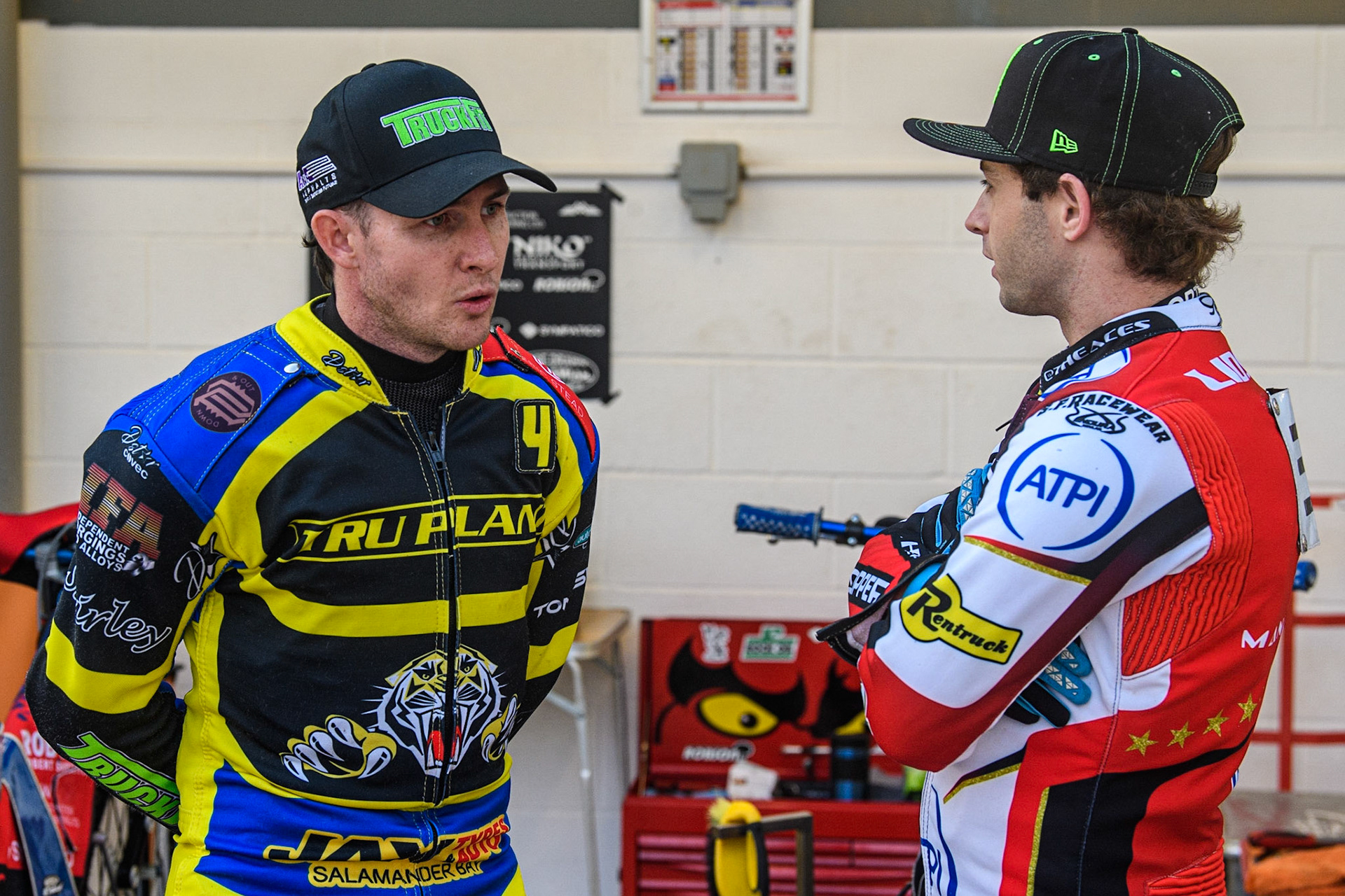 Josh Pickering (left) chats with fellow Aussie Jaimon Lidsey during the Sports Insure Premiership match between Belle Vue Aces and Sheffield Tigers at the National Speedway Stadium, Manchester on Monday 7th August 2023. (Photo: Ian Charles | MI News)