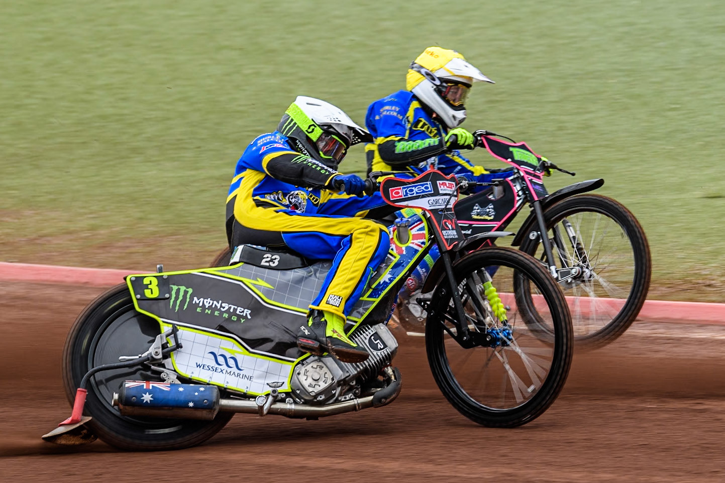 Sheffield Tigers' Chris Holder (White) outside team mate Sheffield Tigers' Josh Pickering during the Rowe Motor Oil Premiership KO Cup Quarter Final 1st Leg between Belle Vue Aces and Sheffield Tigers at the National Speedway Stadium, Manchester on Monday 1st April 2024. (Photo: Ian Charles | MI News)