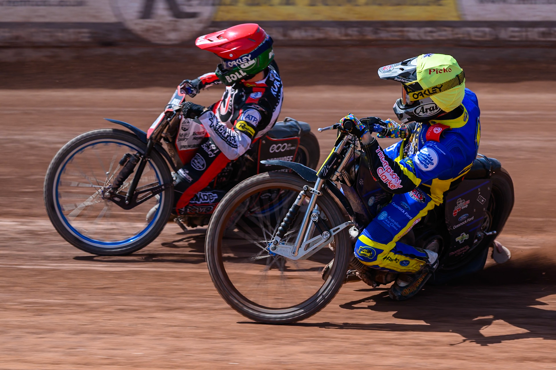 Josh Pickering of Sheffield Tigers in Yellow rides inside Brady Kurtz of Belle Vue Aces in Red during the Rowe Motor Oil Premiership match between Belle Vue Aces and Sheffield Tigers at the National Speedway Stadium, Manchester on Monday 25th May 2026. (Photo: Ian Charles | MI News)