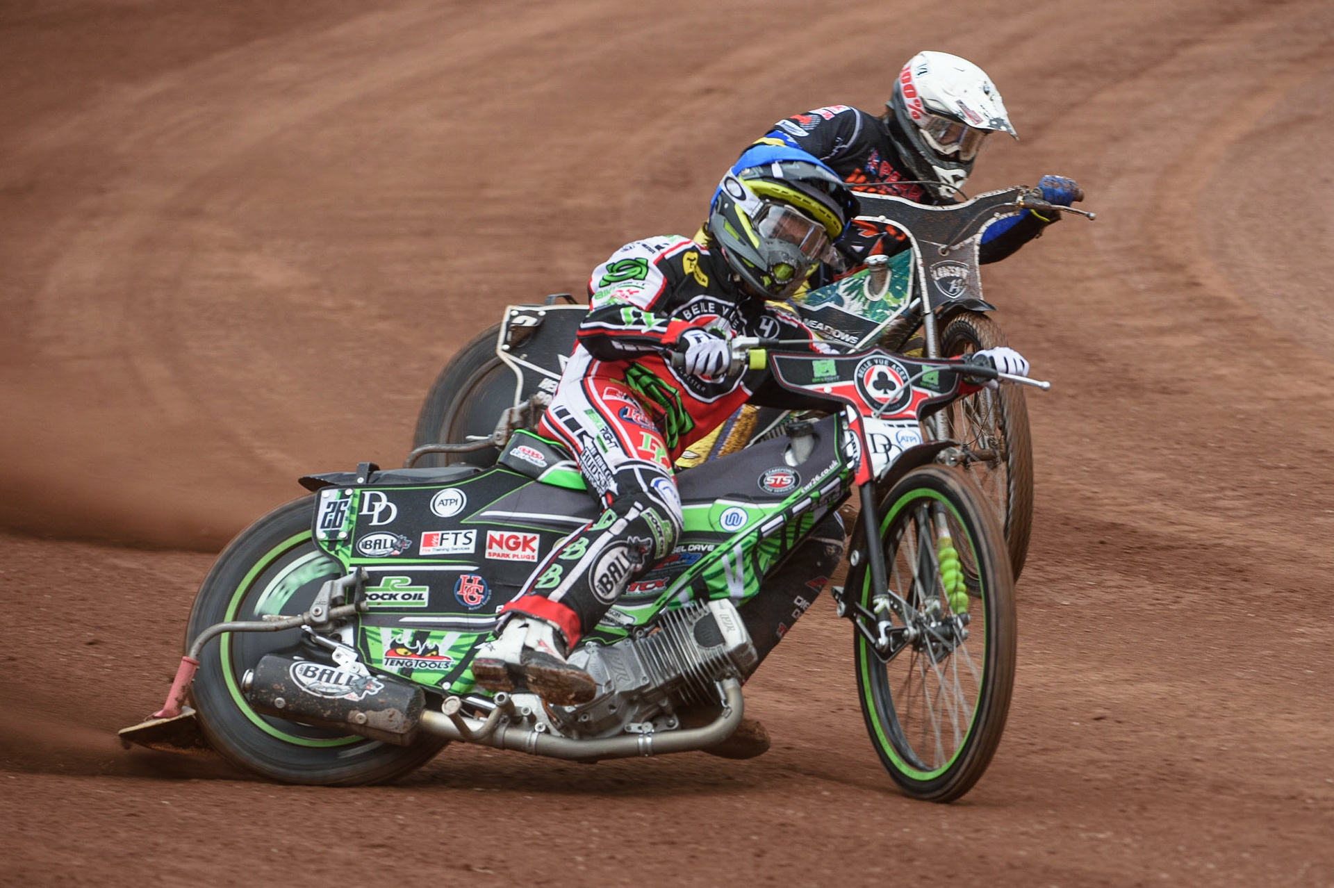 MANCHESTER, UK. AUGUST 30TH Charles Wright  (Blue) outside Richard Lawson  (White) during the SGB Premiership match between Belle Vue Aces and Wolverhampton Wolves at the National Speedway Stadium, Manchester on Monday 30th August 2021. (Credit: Ian Charles | MI News)