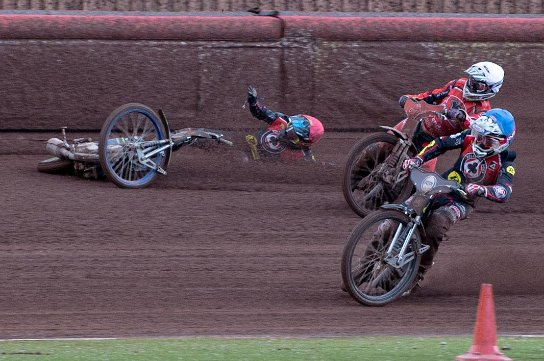 Photo by Ian Charles:

Dan Bewley  (Red) falls after clashing with Rohan Tungate (White) with Steve Worrall  leading

Belle Vue Aces v Peterborough Panthers, British Speedway Premiership, National Speedway Stadium, Manchester, Thursday, 13, June, 2019