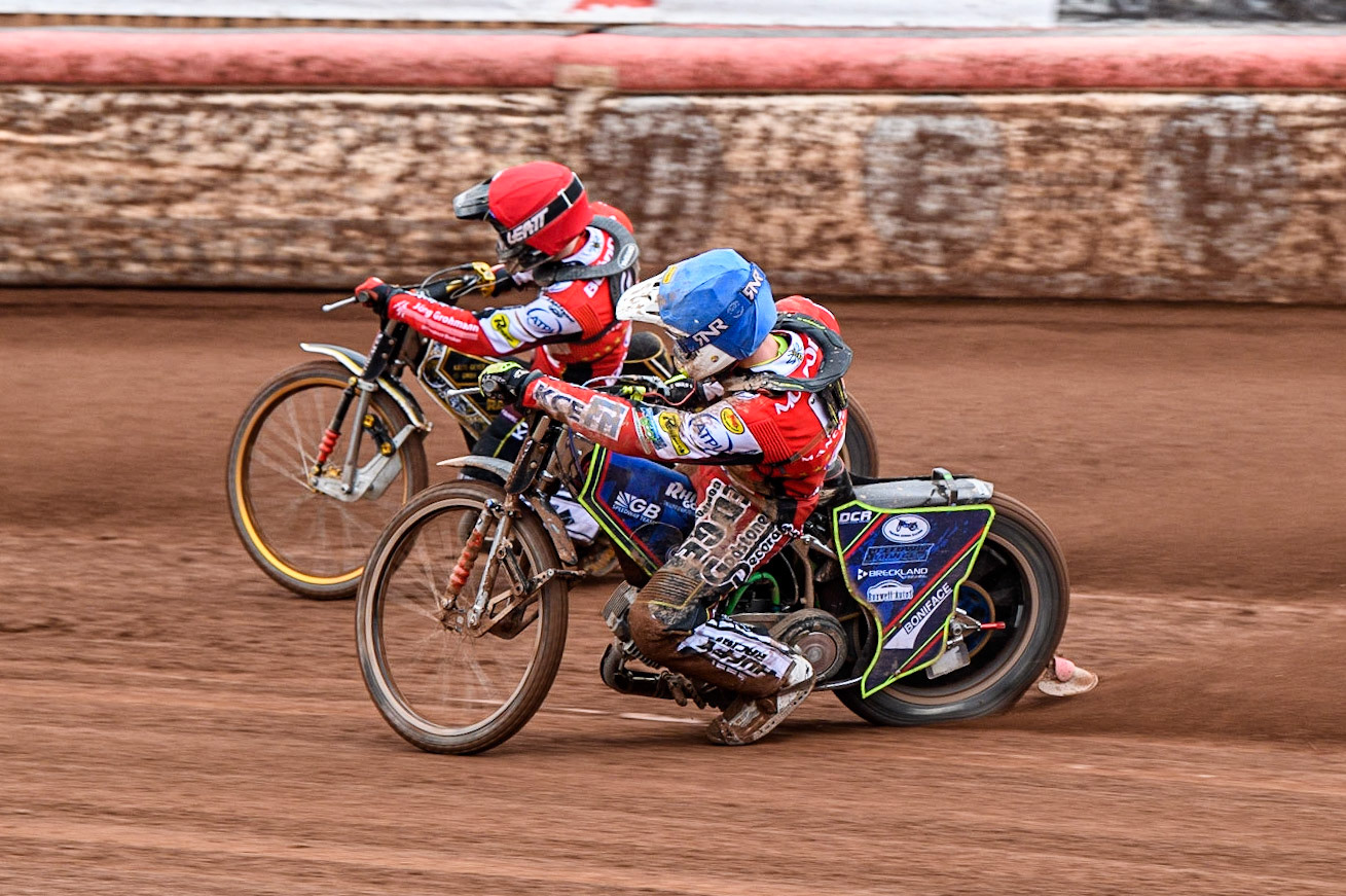 Jake Mulford  (Blue) chases team mate Norick Blodorn  (Red) during the SGB Premiership match between Belle Vue Aces and Leicester Lions at the National Speedway Stadium, Manchester on Monday 1st May 2023. (Photo: Ian Charles | MI News)