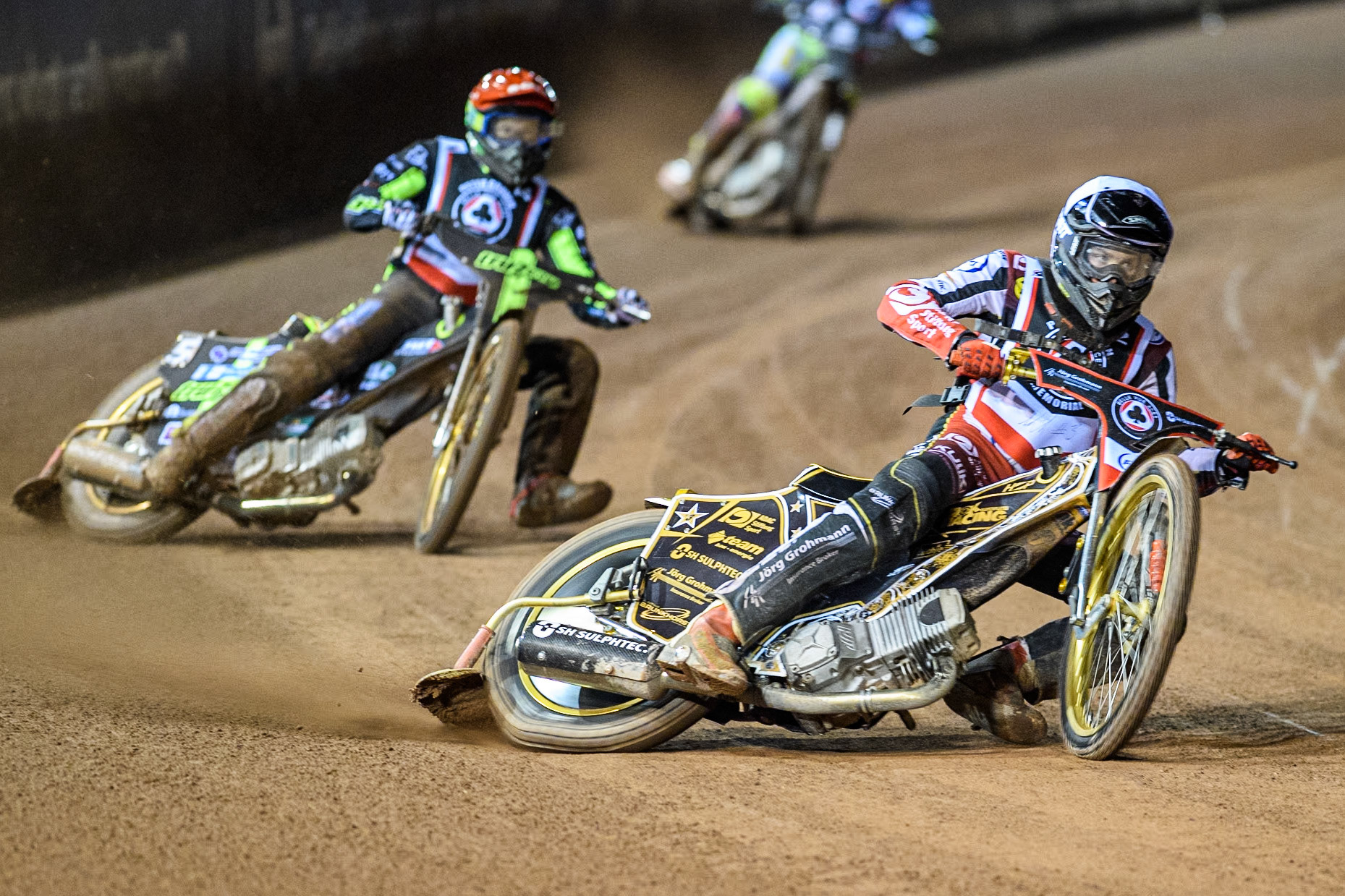 Germany's Norick Blödorn (White) leads  Australia's Jason Doyle (Red) during the Peter Craven Memorial Trophy meeting at the National Speedway Stadium, Manchester on Monday 18th March 2024. (Photo: Ian Charles | MI News)