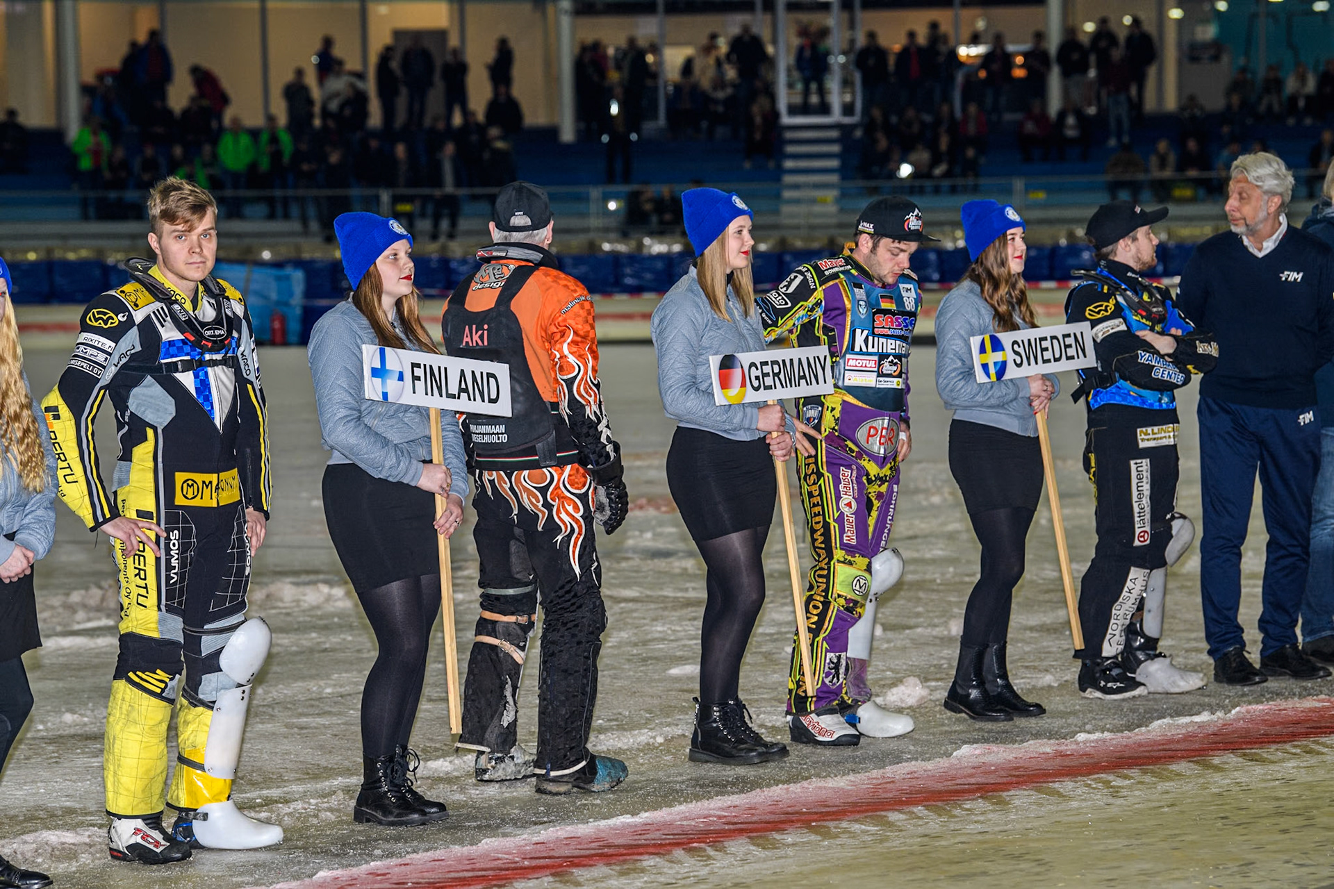 Riders wait to be introduced to the fans during the FIM Ice Speedway Gladiators World Championship Final 4 at Ice Rink Thialf, Heerenveen on Sunday 7th April 2024. (Photo: Ian Charles | MI News)