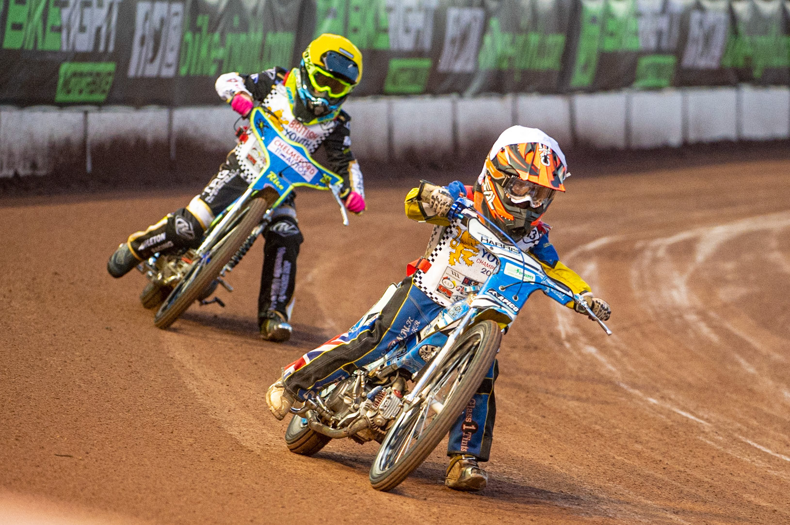Photo: Ian CharlesHarry Fletcher (White) leads Rico Joyce (Yellow) (125cc B Class)British Youth Speedway Championship (Round 5), National Speedway Stadium, Manchester Saturday  10  October  2020