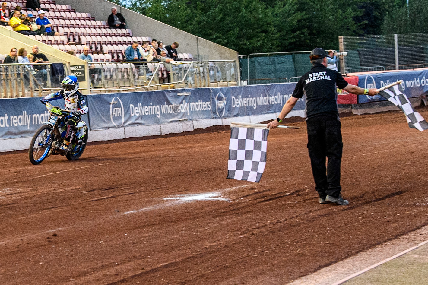 Oliver Bovingdon (125cc) crosses the finish line as the winner of the 125cc Support class during the British Youth 250cc Championships at the National Speedway Stadium, Manchester on Friday 30th August 2024. (Photo: Ian Charles | MI News)