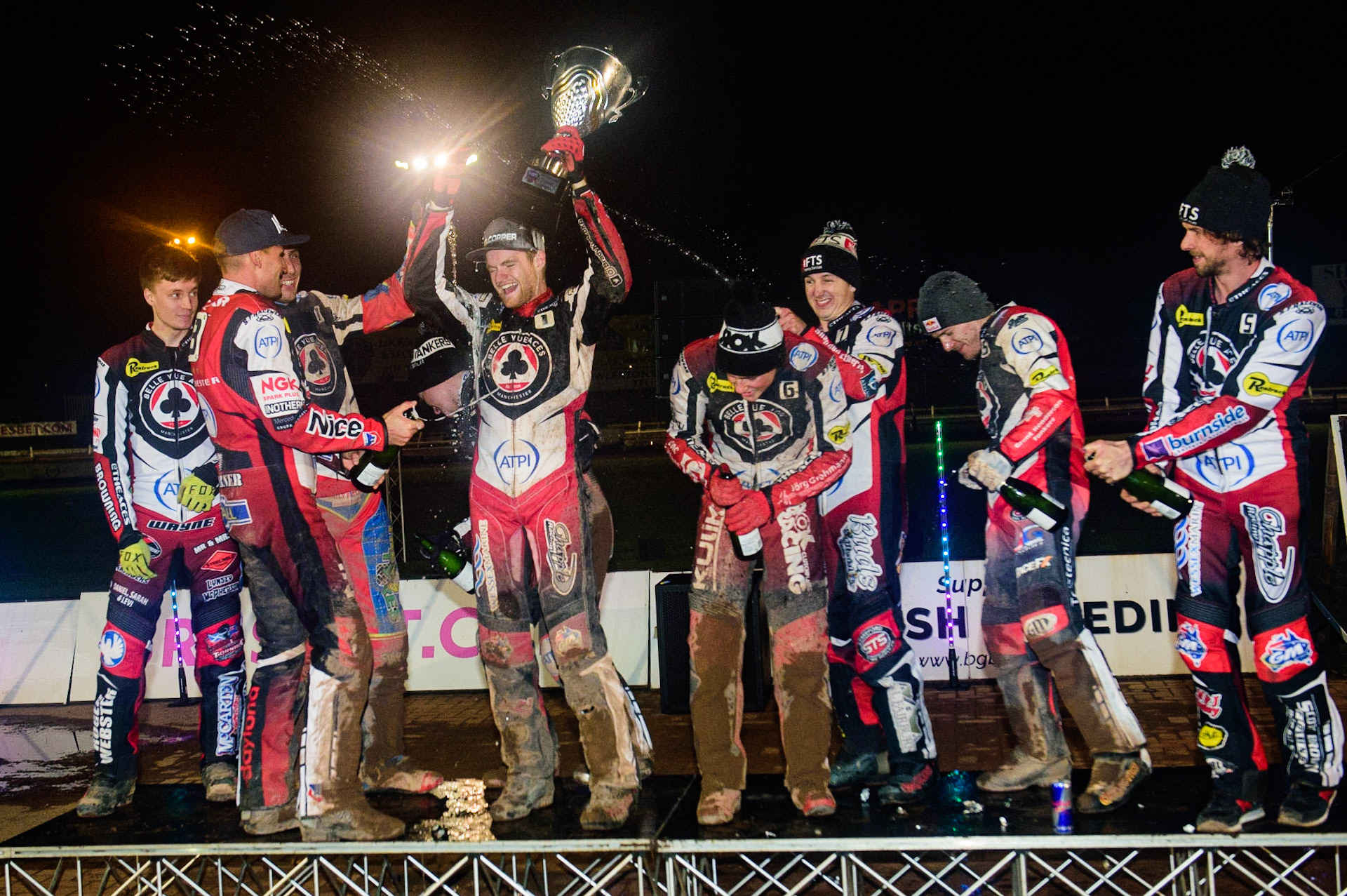 The Belle Vue ATPI Aces celebrate as Premiership Champions 2022 during the SGB Premiership Grand Final 2nd Leg between Sheffield Tigers and Belle Vue Aces at Owlerton Stadium, Sheffield on Thursday 13th October 2022. (Credit: Ian Charles | MI News)