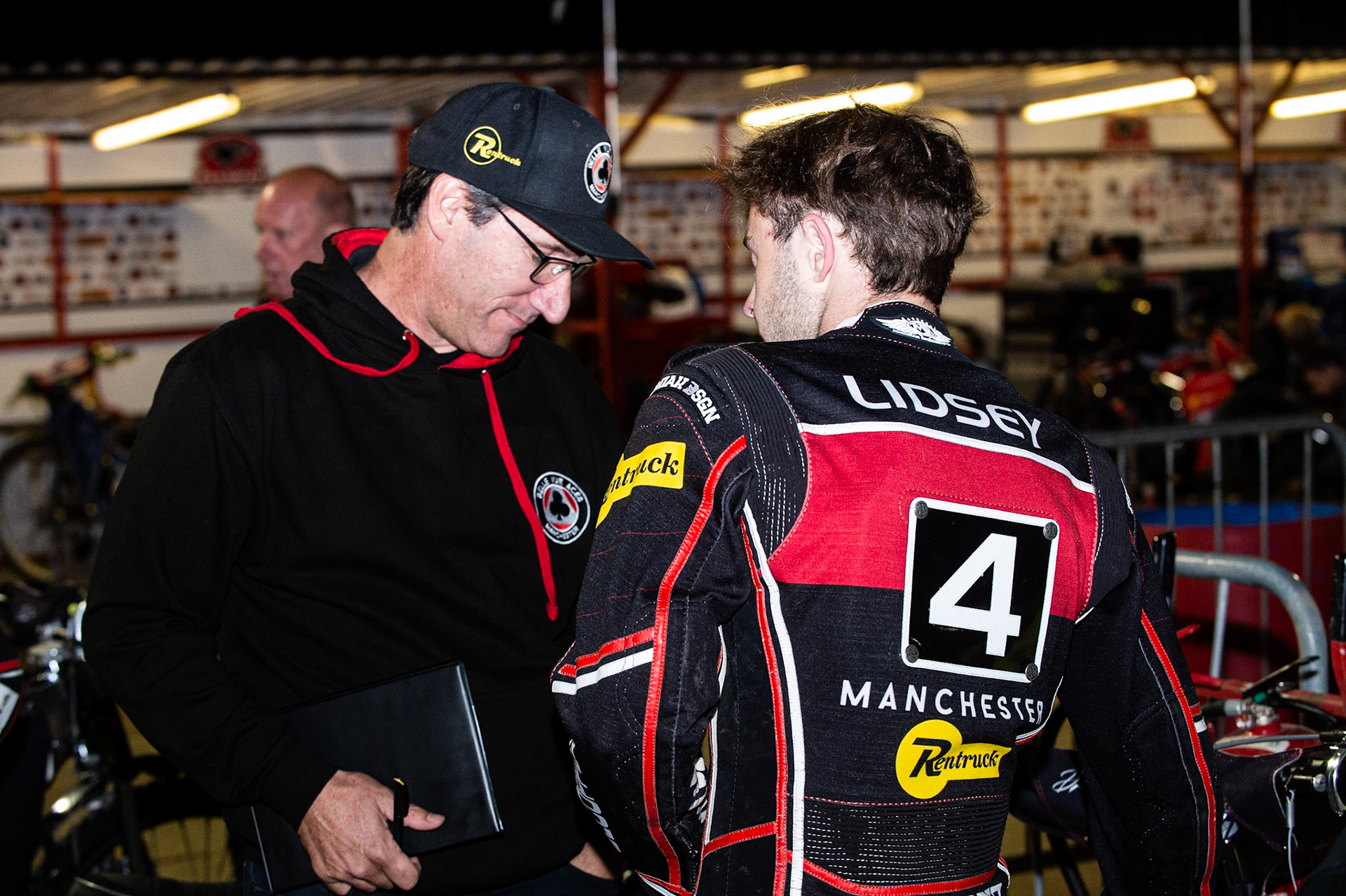 Photo by Ian Charles:

Mark Lemon (left) with Jaimon Lidsey 

Peterborough Panthers v Belle Vue Aces, British Speedway Premiership, Thursday, 5, September, 2019