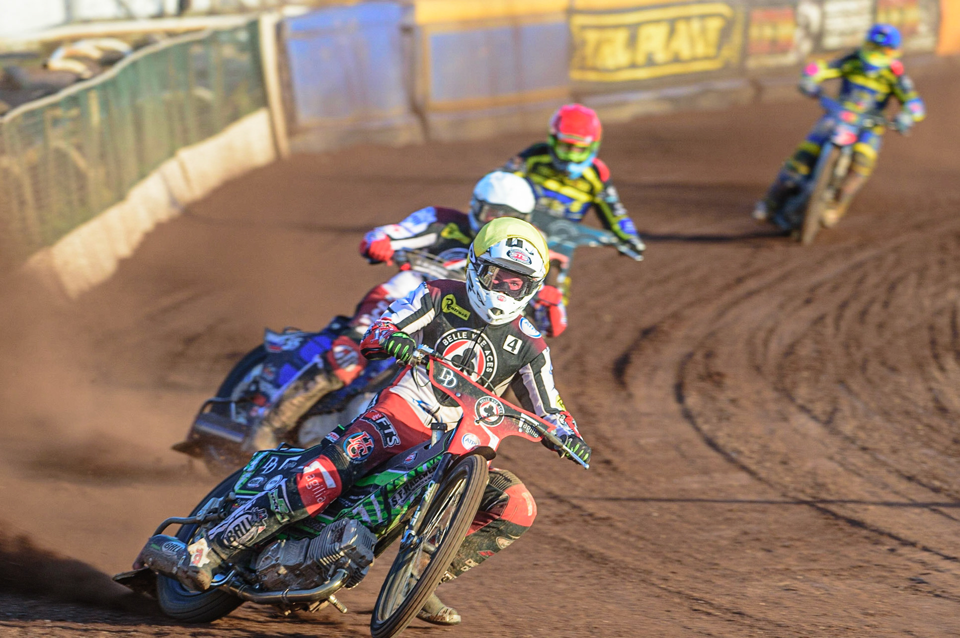 SHEFFIELD, UK. MAY 26TH  Charles Wright  (Yellow) and Matej Žagar  (White) leads Adam Ellis  (Red) and Stefan Nielsen  (Blue) during the SGB Premiership match between Sheffield Tigers and Belle Vue Aces at Owlerton Stadium, Sheffield on Thursday 26th May 2022. (Credit: Ian Charles | MI News)