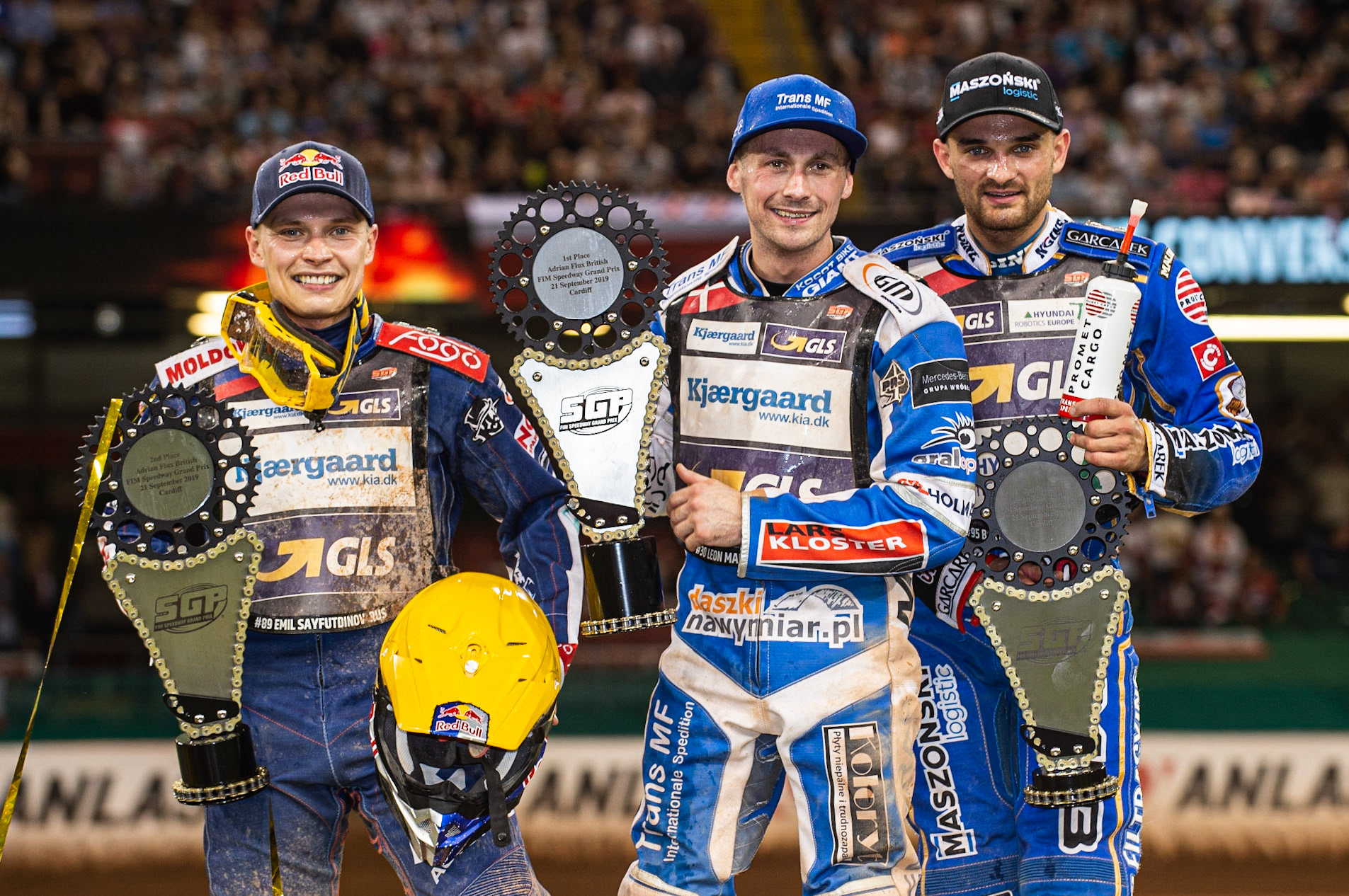 CARDIFF,WALES Top 3: (l-r) Emil Saijfutdinov (2nd), Leon Madsen (1st) Bartoz Zmarzlik (3rd)  during the ADRIAN FLUX BRITISH FIM SPEEDWAY GRAND PRIX at the Principality Stadium, Cardiff on Saturday 21st September 2019. (Credit: Ian Charles | MI News)