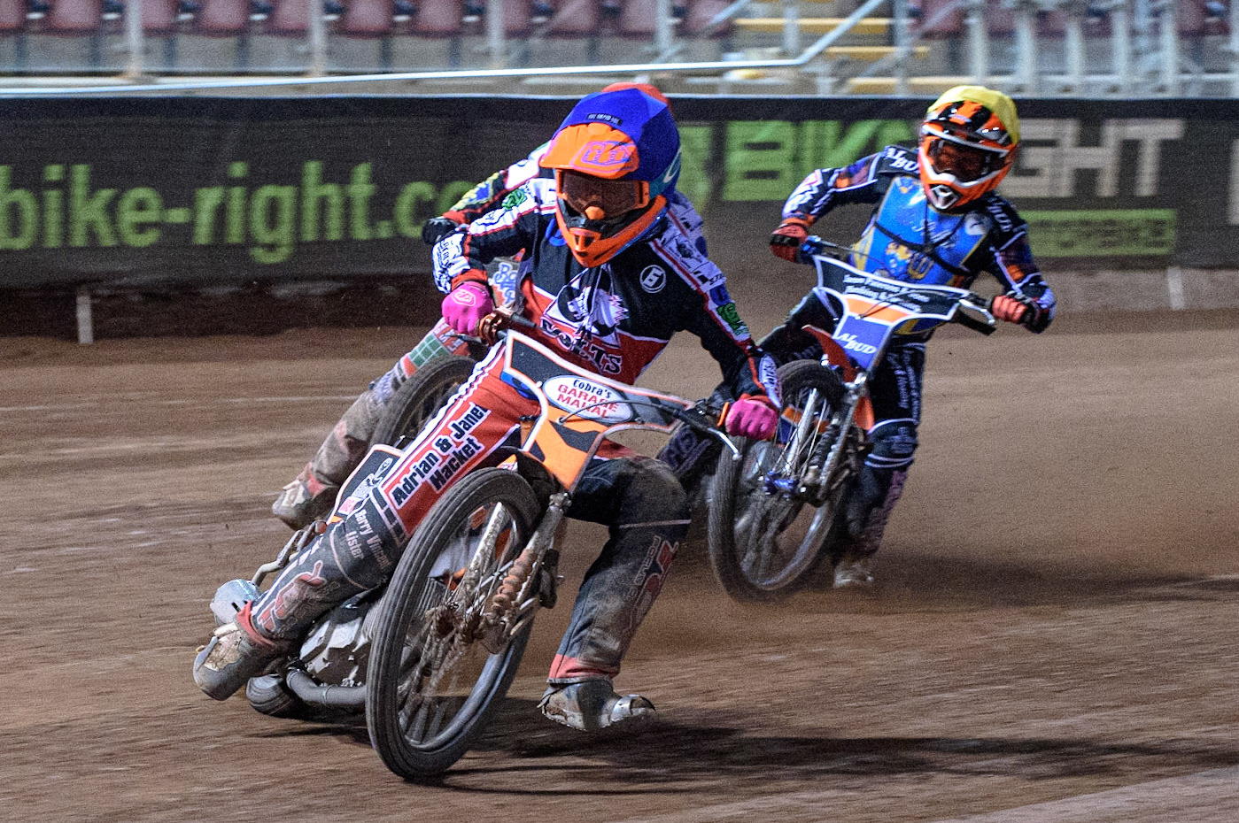 MANCHESTER, UK. AUGUST 20TH Connor Coles  (Blue) leads Paul Bowen  (Red) and Lewis Millar  (Yellow) during the National Development League match between Belle Vue Aces and Armadale Devils at the National Speedway Stadium, Manchester on Friday 20th August 2021. (Credit: Ian Charles | MI News)