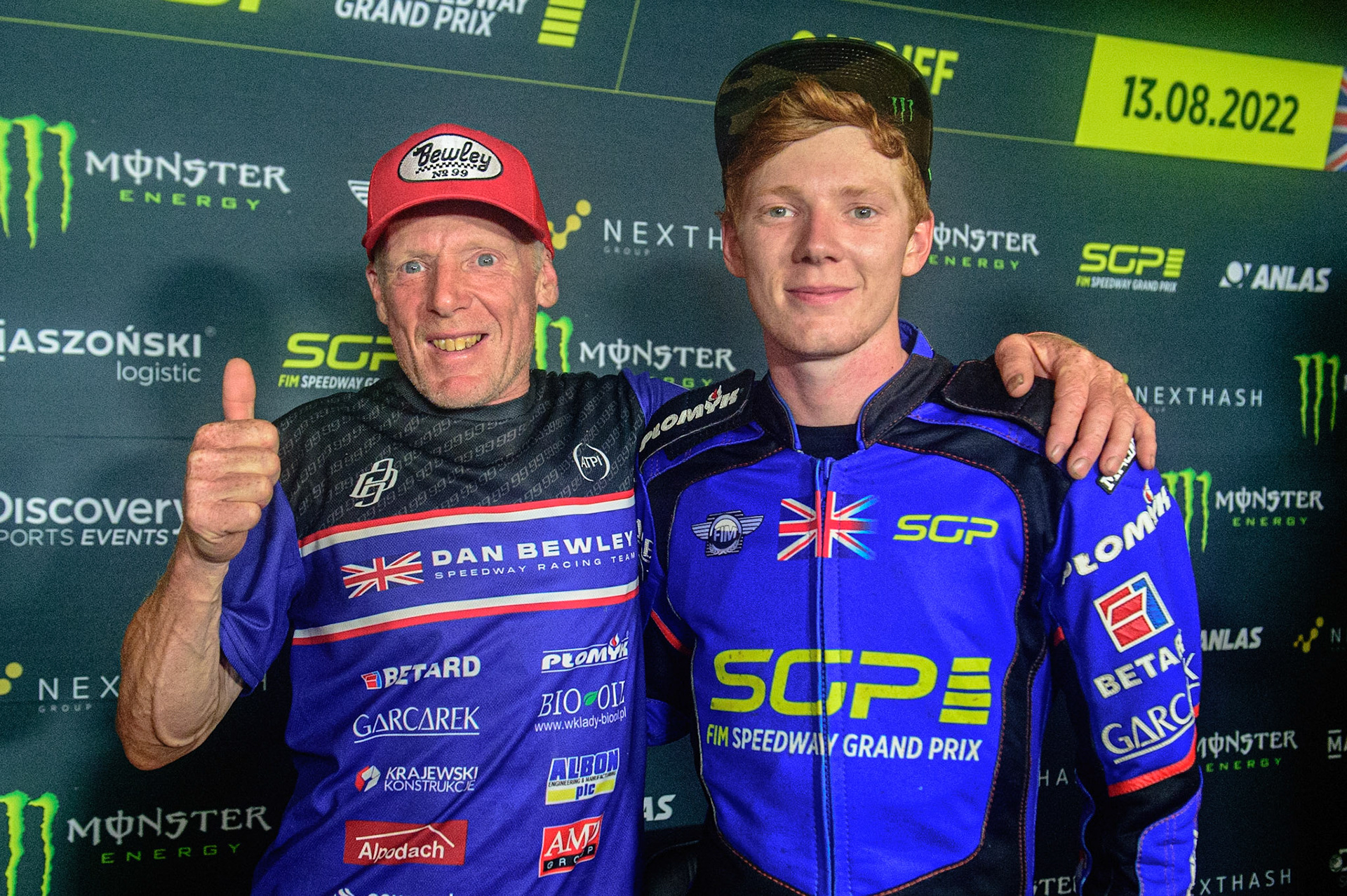 Neil Bewley, the proud Dad with his son Dan during the FIM  Speedway Grand Prix of Great Britain at the Principality Stadium, Cardiff on Saturday 13th August 2022. (Credit: Ian Charles | MI News