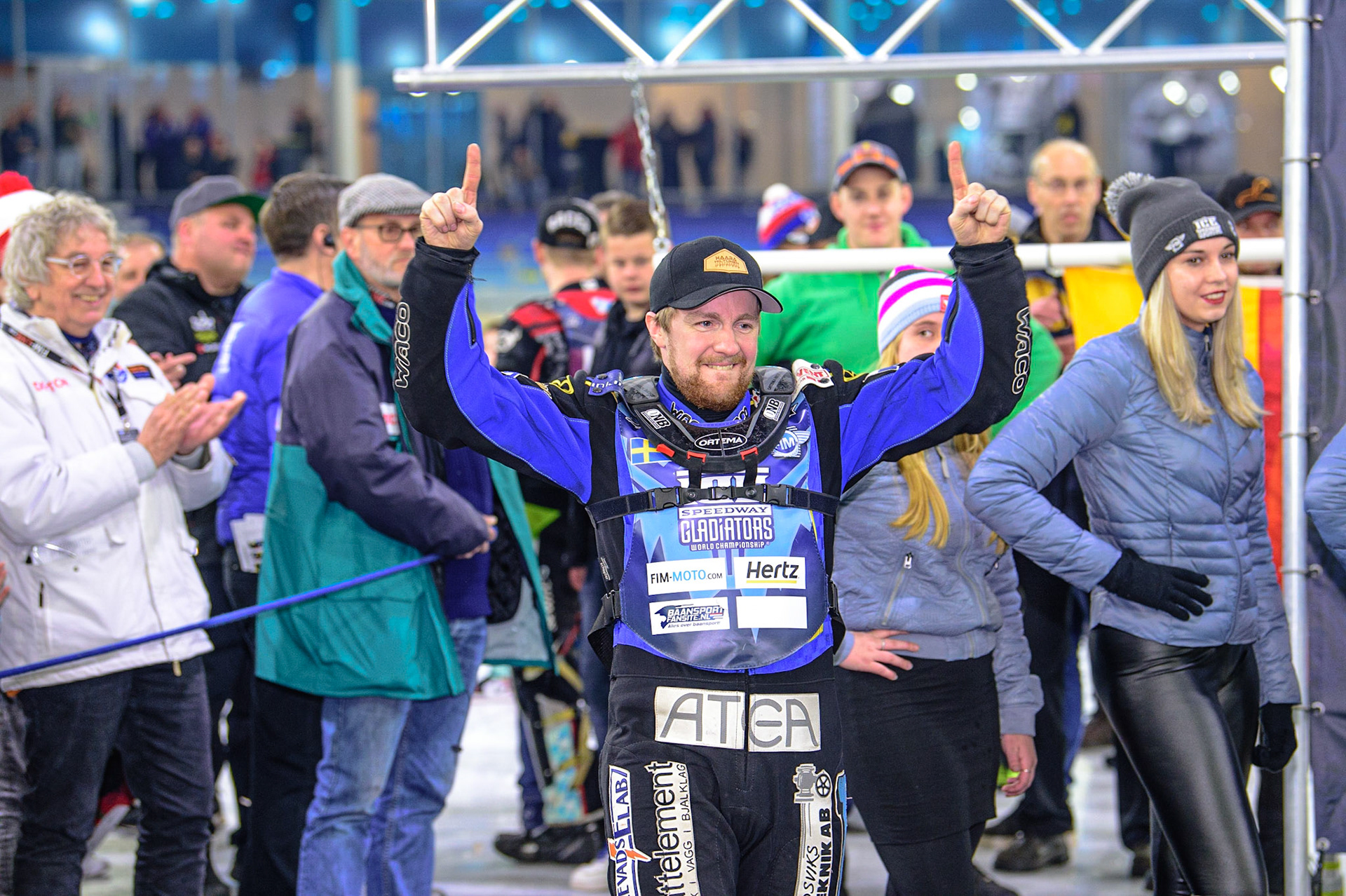 HEERENVEEN, NL.  199 Celebrates during the FIM Ice Speedway Gladiators World Championship Final 4 at Ice Rink Thialf, Heerenveen on Sunday  3 April 2022. (Credit: Ian Charles | MI News)