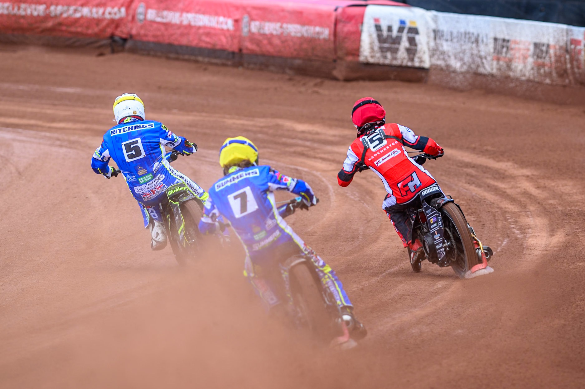 Oxford Chargers' Senna Summers  in Yellow chases Oxford Chargers' Darryl Ritchings  in White and Belle Vue Colts' Freddy Hodder  in Red during the WSRA National Development League match between Belle Vue Colts and Oxford Chargers at the National Speedway Stadium, Manchester on Sunday 1st June 2025. (Photo: Ian Charles | MI News)
