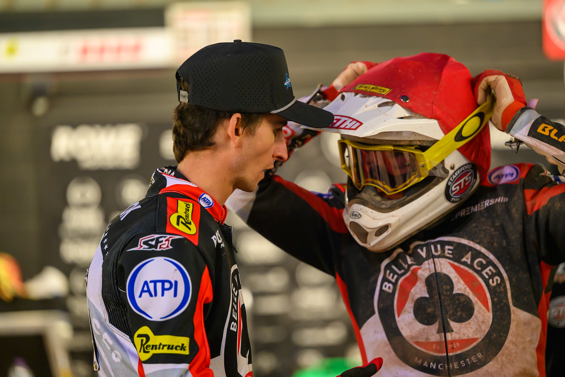 Zach Cook of Belle Vue Aces  (Left) passes on information to Peter Kildemand of Belle Vue Aces  during the Rowe Motor Oil Premiership match between Belle Vue Aces and Ipswich Witches at the National Speedway Stadium, Manchester on Monday 20th April 2026. (Photo: Ian Charles | MI News)