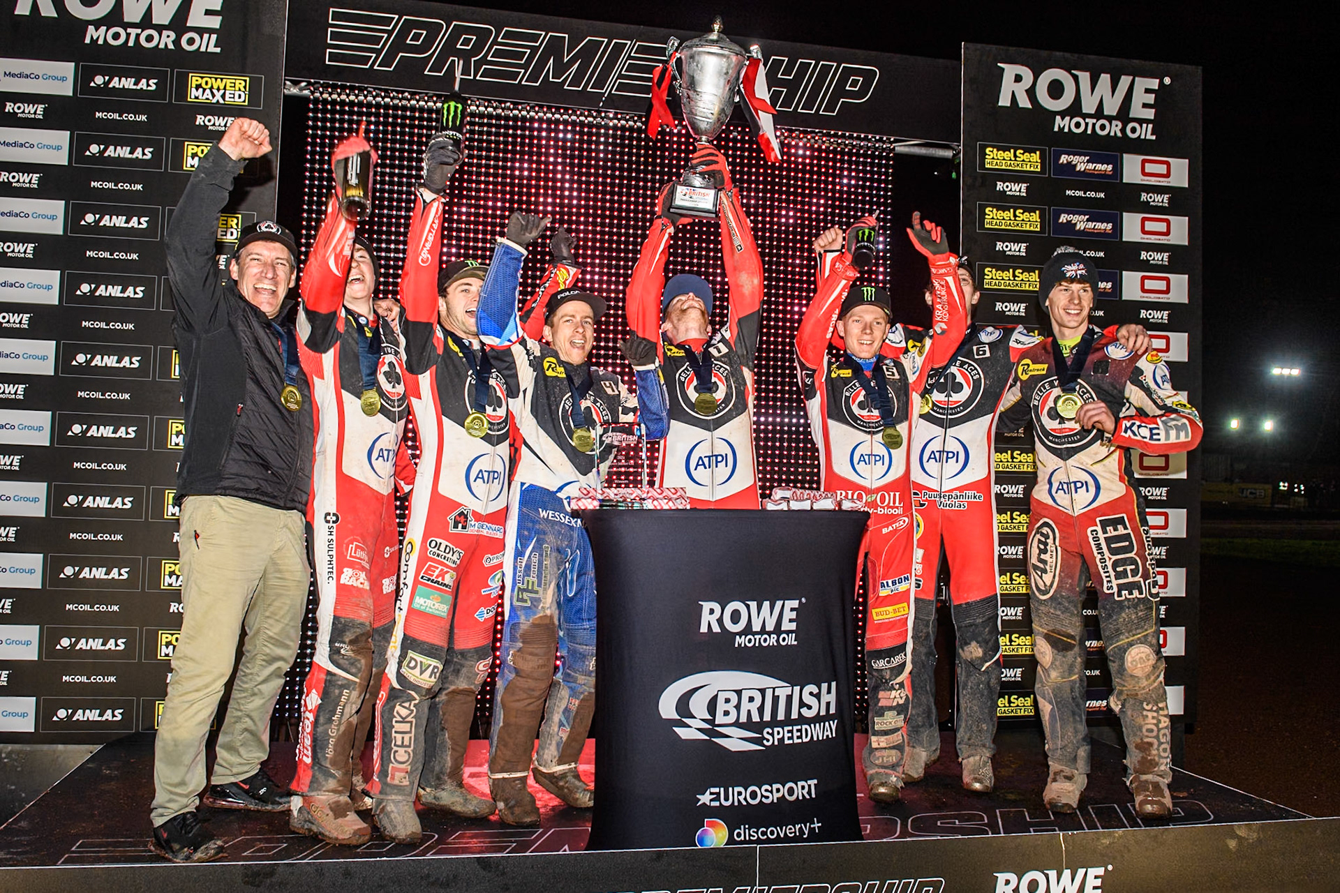 Belle Vue ATPI Aces lift the premiership trophy during the Rowe Motor Oil Premiership Grand Final 2nd Leg between Leicester Lions and Belle Vue Aces at the Pidcock Motorcycles Arena, Leicester on Thursday 26th September 2024. (Photo: Ian Charles | MI News)