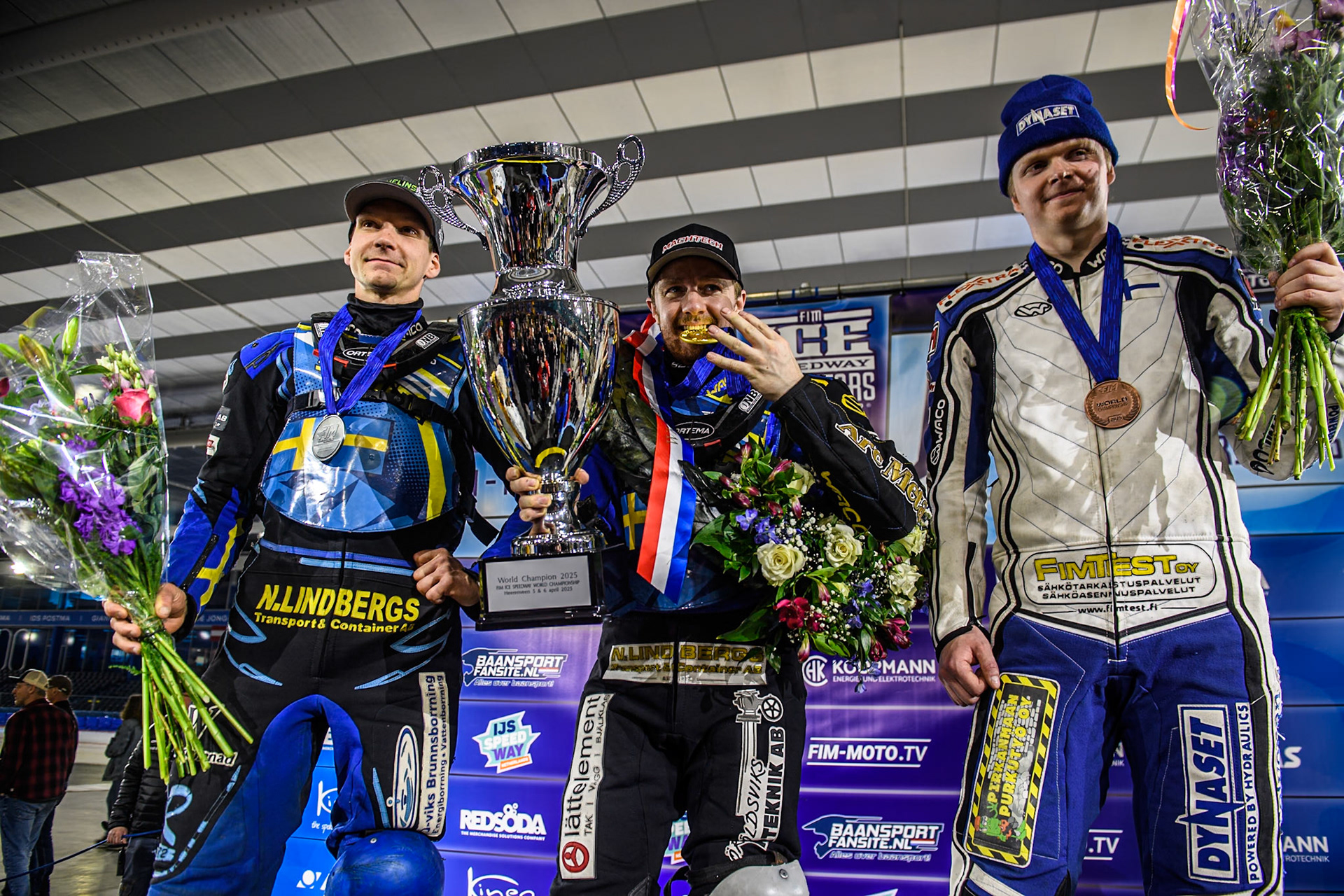 World Championship Top 3: (L to R) Niclas Svensson (Silver), Martin Haarahiltunen (Gold) Max Koivula (Bronze) during the FIM Ice Speedway Gladiators World Championship, Final 4 at the Ice Stadium, Thialf, Heerenveen on Sunday 6th April 2025. (Photo: Ian Charles | MI News)