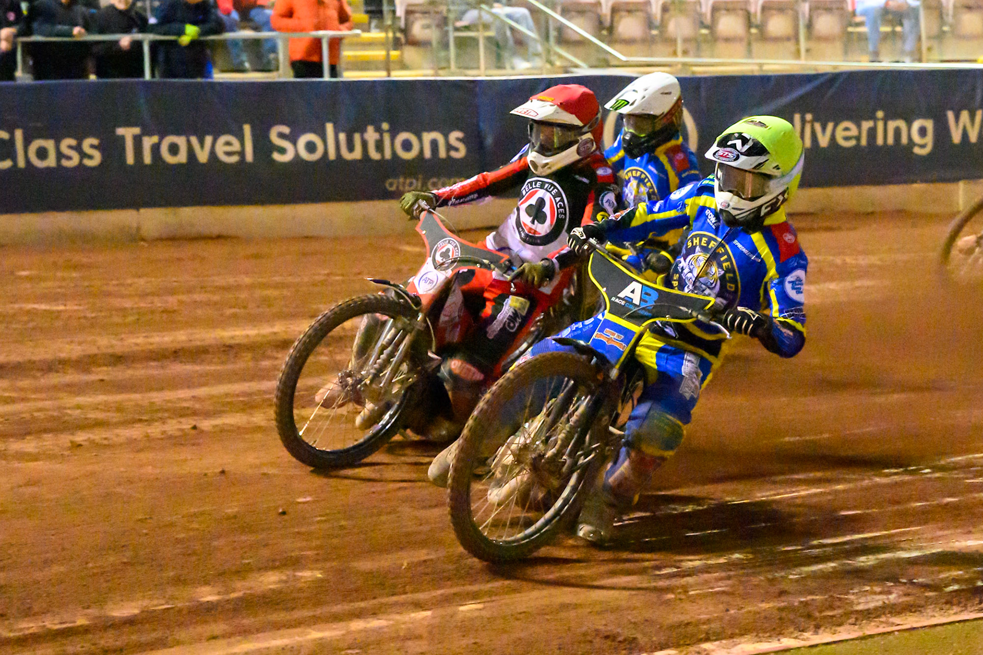 Jye Etheridge of Sheffield Tigers    in Yellow rides inside Peter Kildemand of Belle Vue Aces  in Red and Chris Holder of Sheffield Tigers   in White during the Knockout Cup, Northern Section match between Belle Vue Aces and Sheffield Tigers at the National Speedway Stadium, Manchester on Monday 30th March 2026. (Photo: Ian Charles | MI News)