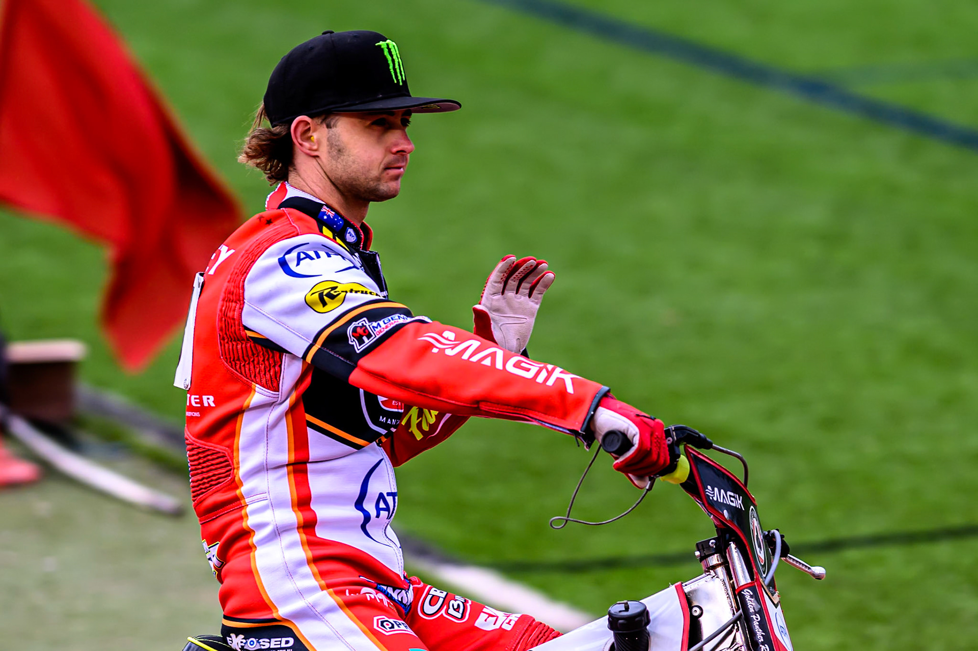 Belle Vue Aces' Jaimon Lidsey on the parade lap  during the Rowe Motor Oil Premiership match between Belle Vue Aces and King's Lynn Stars at the National Speedway Stadium, Manchester on Monday 23rd June 2025. (Photo: Ian Charles | MI News)