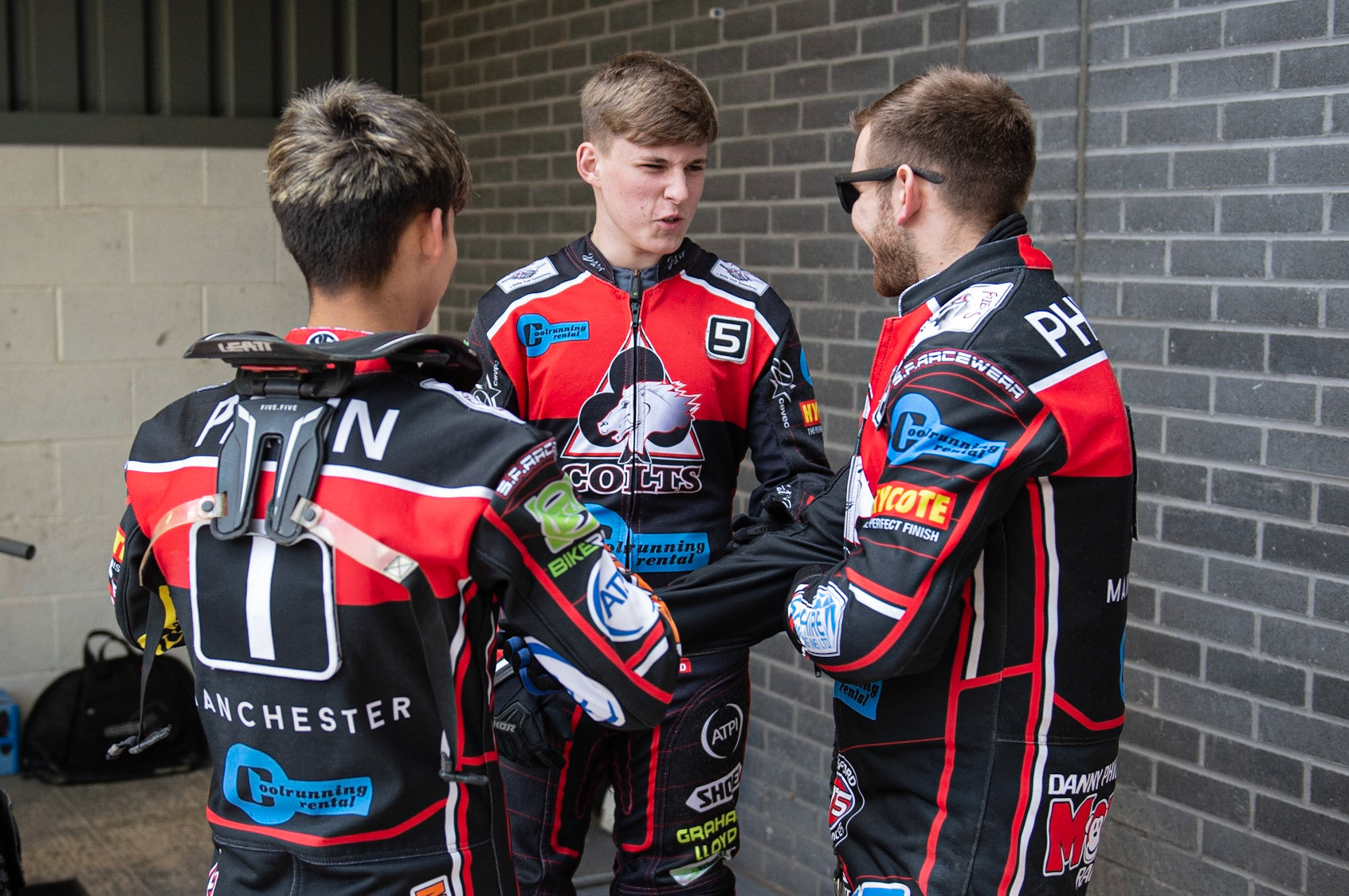 Photo: Ian Charles

Pre Meeting chat fro (l-r) Jordan Palin , Kyle Bickley ,and Danny Phillips 

Belle Vue Colts v Kent Kings, SGB National League KO Cup Quarter Final 1st Leg, Belle Vue National Speedway Stadium, Manchester, Thursday 20  June  2019