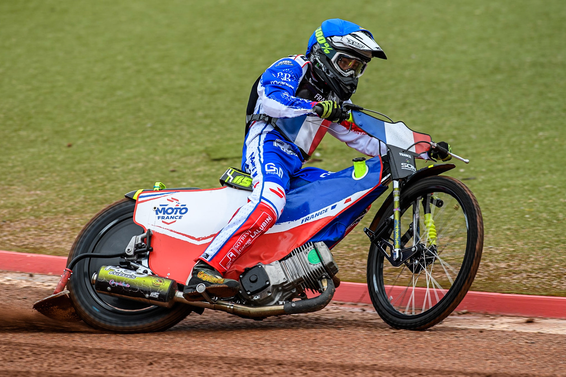 Steven Goret of France practices during the Monster Energy FIM Speedway of Nations Semi-Final 1 at the National Speedway Stadium, Manchester on Tuesday 9th July 2024. (Photo: Ian Charles | MI News)