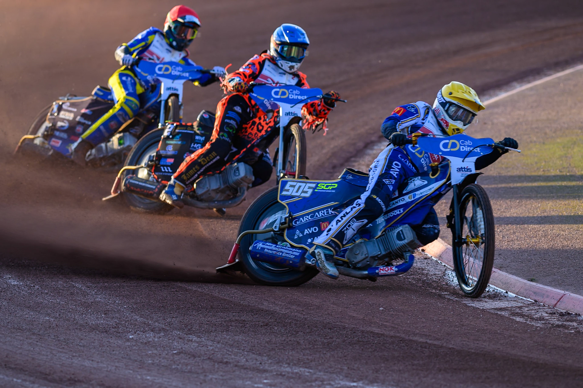 Robert Lambert (4) in Yellow leading Cooper Rushen (2) in Blue  and Anders Rowe (1) in Red during the Cab Direct British Speedway Championship Final at the National Speedway Stadium, Manchester on Saturday 15th August 2026. (Photo: Ian Charles | MI News)