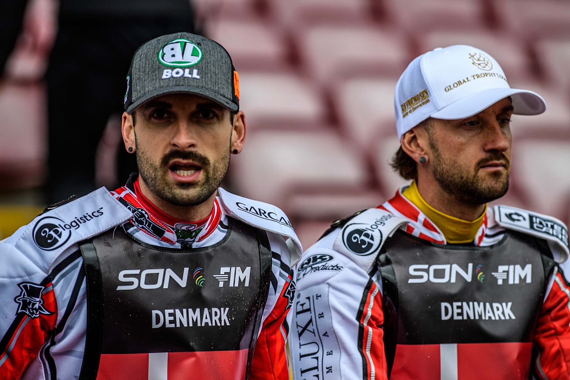 Mikkel Michelsen of Denmark (Left) with team mate Anders Thomsen during the Monster Energy FIM Speedway of Nation Semi Final 2 at the National Speedway Stadium, Manchester on Wednesday 10th July 2024. (Photo: Ian Charles | MI News)