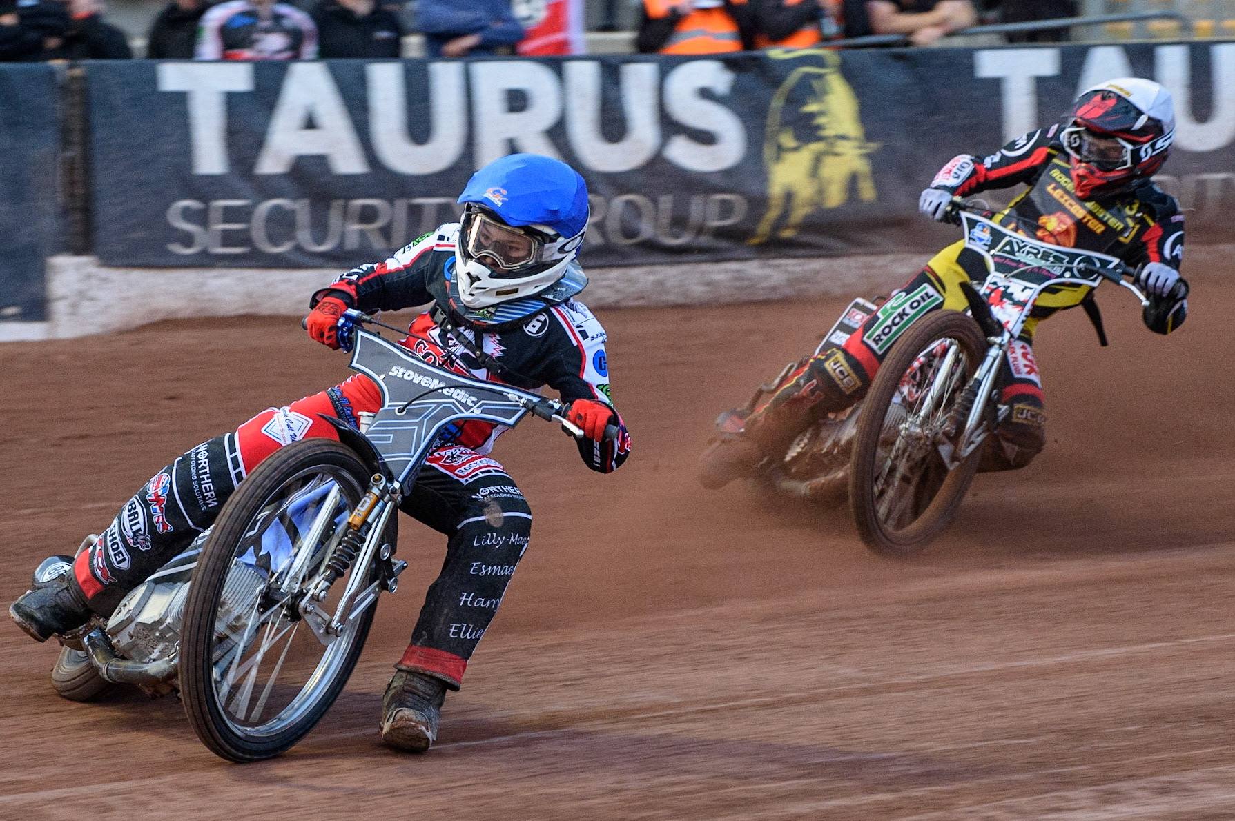 MANCHESTER, UK. JULY 29TH   Sam McGurk  (Blue) leads Joe Lawlor (White) during the National Development League match between Belle Vue Colts and Leicester Lion Cubs at the National Speedway Stadium, Manchester on Thursday 29th July 2021. (Credit: Ian Charles | MI News)