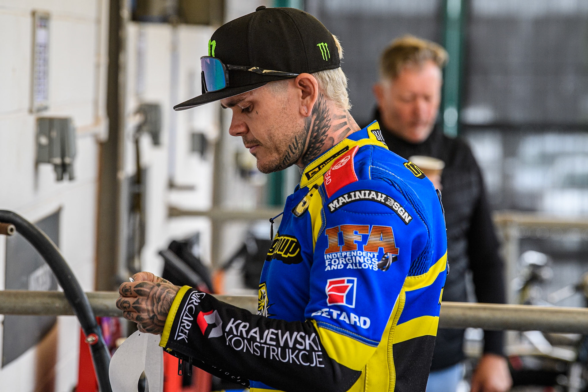 Sheffield Tigers' Tai Woffinden prepares for the meeting during the Rowe Motor Oil Premiership match between Belle Vue Aces and Sheffield Tigers at the National Speedway Stadium, Manchester on Monday 27th May 2024. (Photo: Ian Charles | MI News)