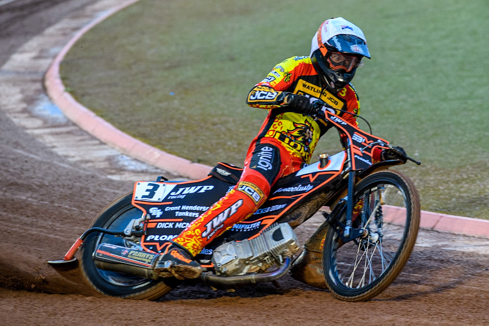 Sam Masters of Leicester Lions in action during the Rowe Motor Oil Premiership match between Belle Vue Aces and Leicester Lions at the National Speedway Stadium, Manchester on Saturday 6th April 2024. (Photo: Ian Charles | MI News)
