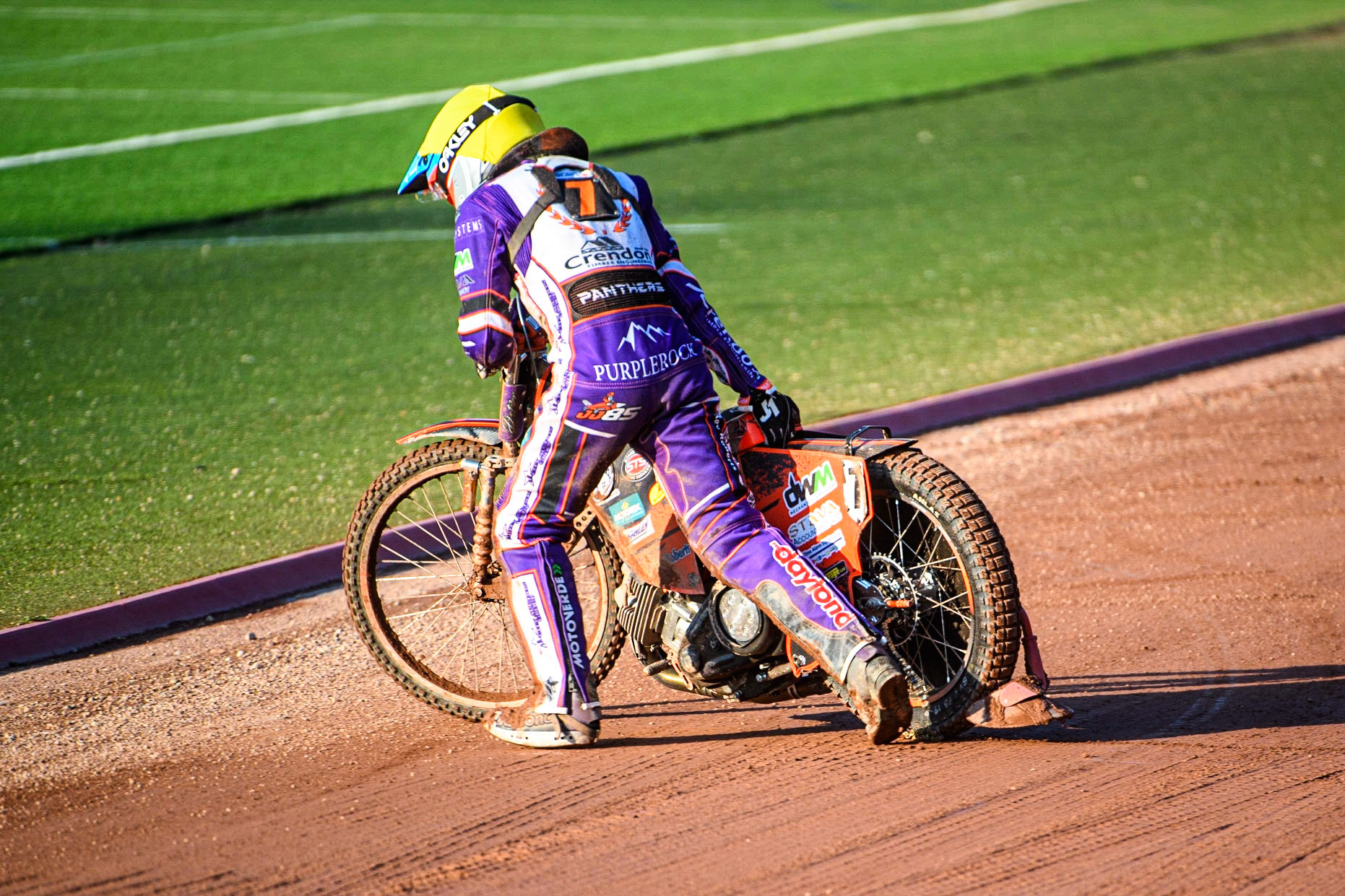 Jordan Jenkins pulls his bike from the track after shedding his chain and jamming the back wheel during the Sports Insure Premiership match between Belle Vue Aces and Peterborough at the National Speedway Stadium, Manchester on Monday 19th June 2023. (Photo: Ian Charles | MI News)
