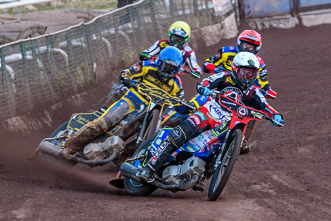 Jaimon Lidsey (White) leads Kyle Howarth (Blue) Tobiasz Musielak (Red) and Charles Wright (Yellow) during the Sports Insure Premiership match between Sheffield Tigers and Belle Vue Aces at Owlerton Stadium, Sheffield on Thursday 20th July 2023. (Photo: Ian Charles | MI News)