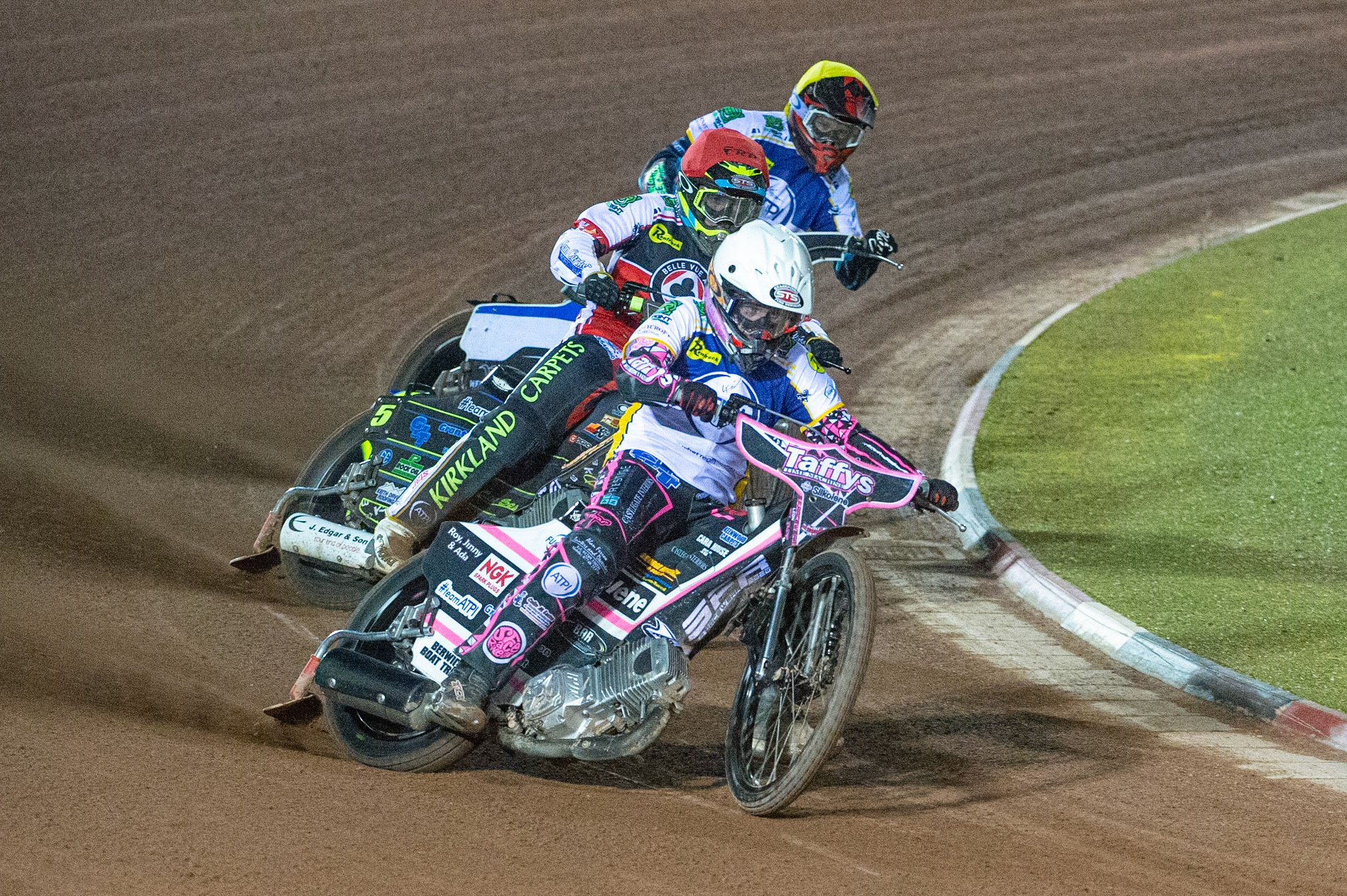 Photo: Ian CharlesLeon Flint of the 'ATPI' All Stars (White) leads Kyle Bickley of Belle Vue 'BikeRight' Aces (Red) and Josh MacDonald of the 'ATPI' All Stars (Yellow)Belle Vue ‘Bikerite ’Aces v ‘ATPI’ All Stars, Premiership Challenge, National Speedway Stadium, Manchester Thursday  24  September  2020